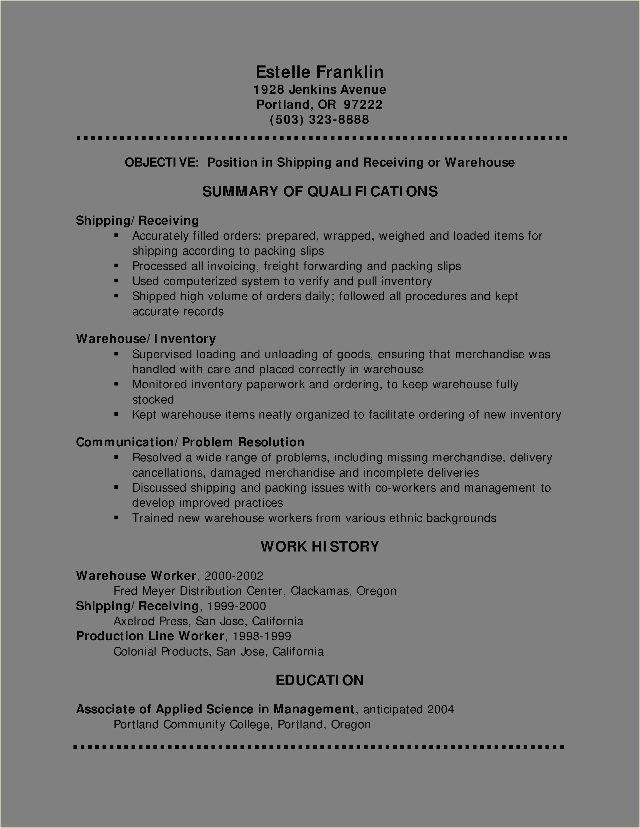 Marshall's Warehouse Work Experience Resume