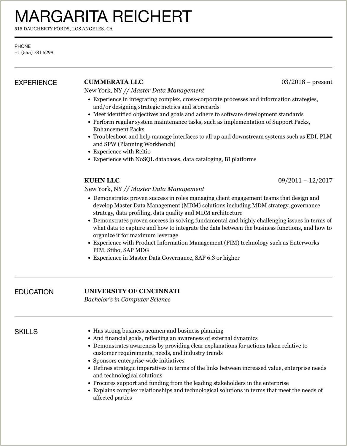 Master Data Management Analyst Sample Resume