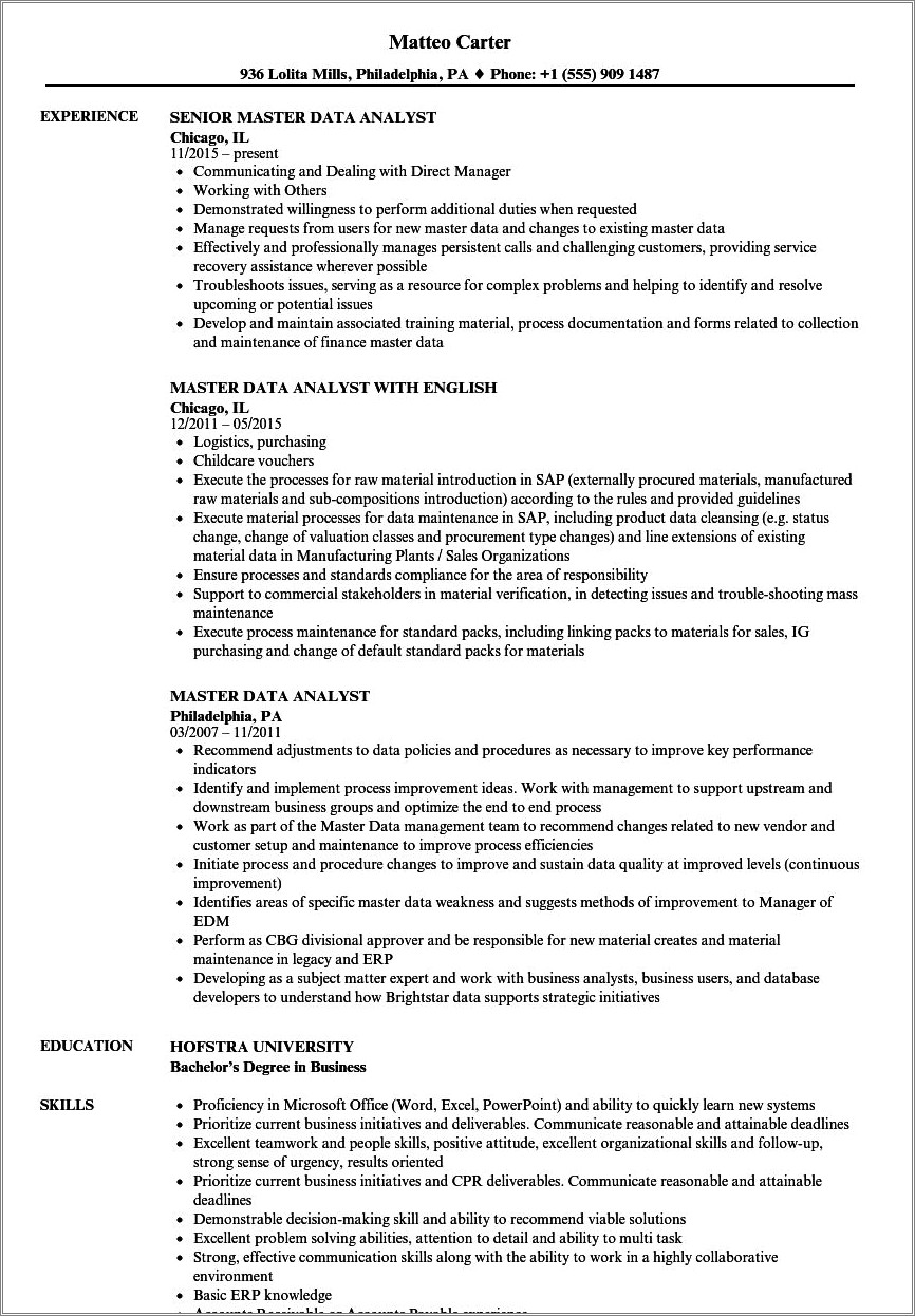 Master Data Management Mdm Resume Points