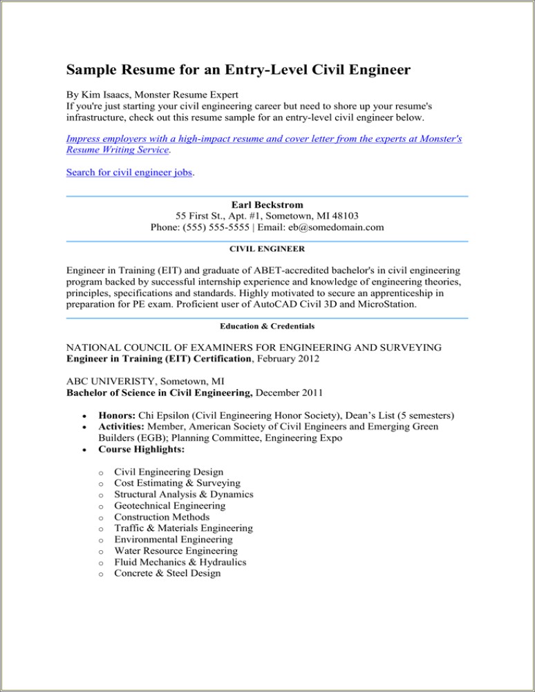 Masters Civil Engineering Student Resume Sample