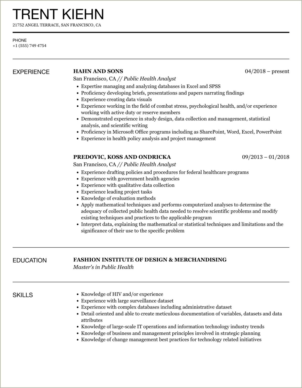 Masters In Public Health Resume Skills