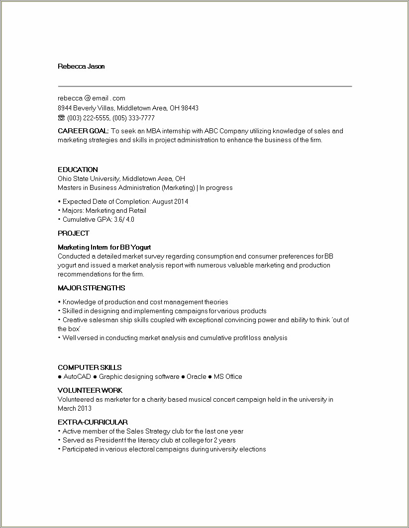 Masters Of Business Administration Professional Summary Resume