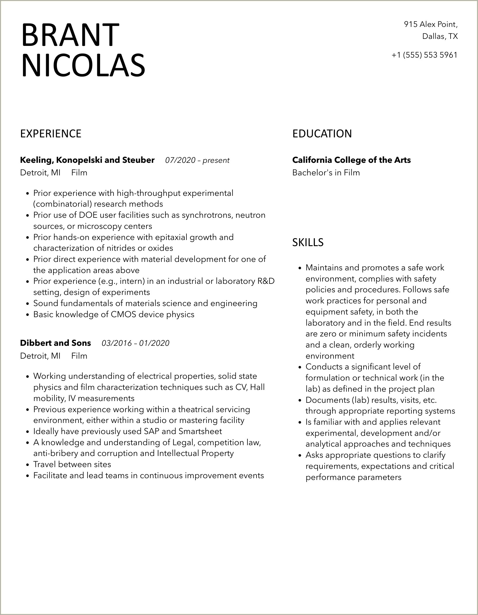 Masters Student Resume Example Film Archiving