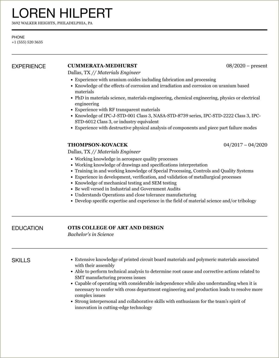 Material And Metallurgical Engineering Resume Objective