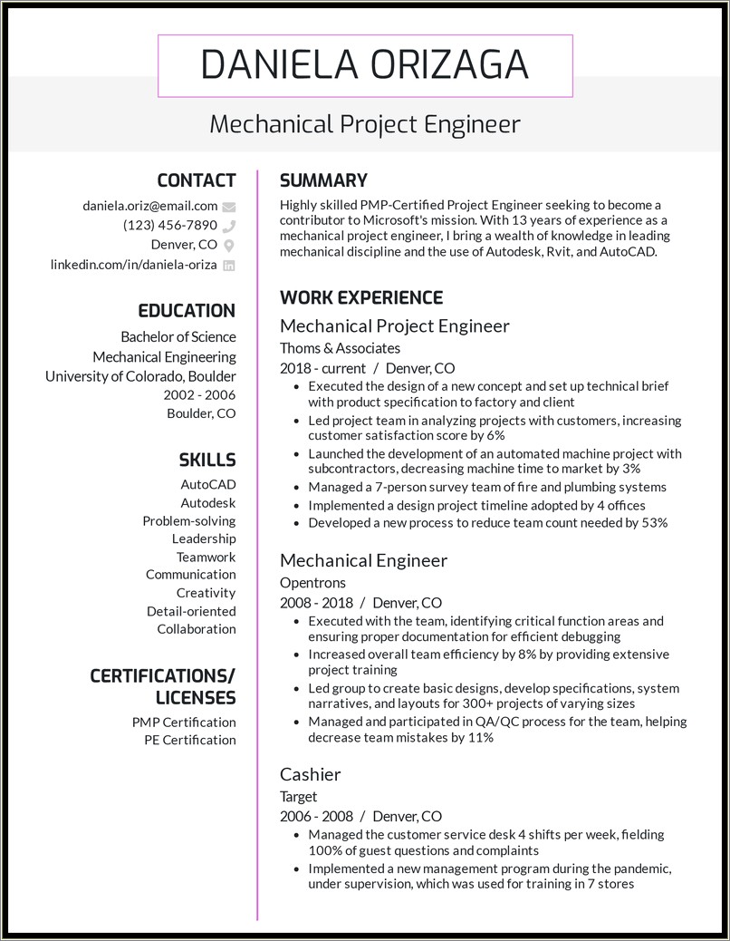 Math Major Engineer Resume Examples