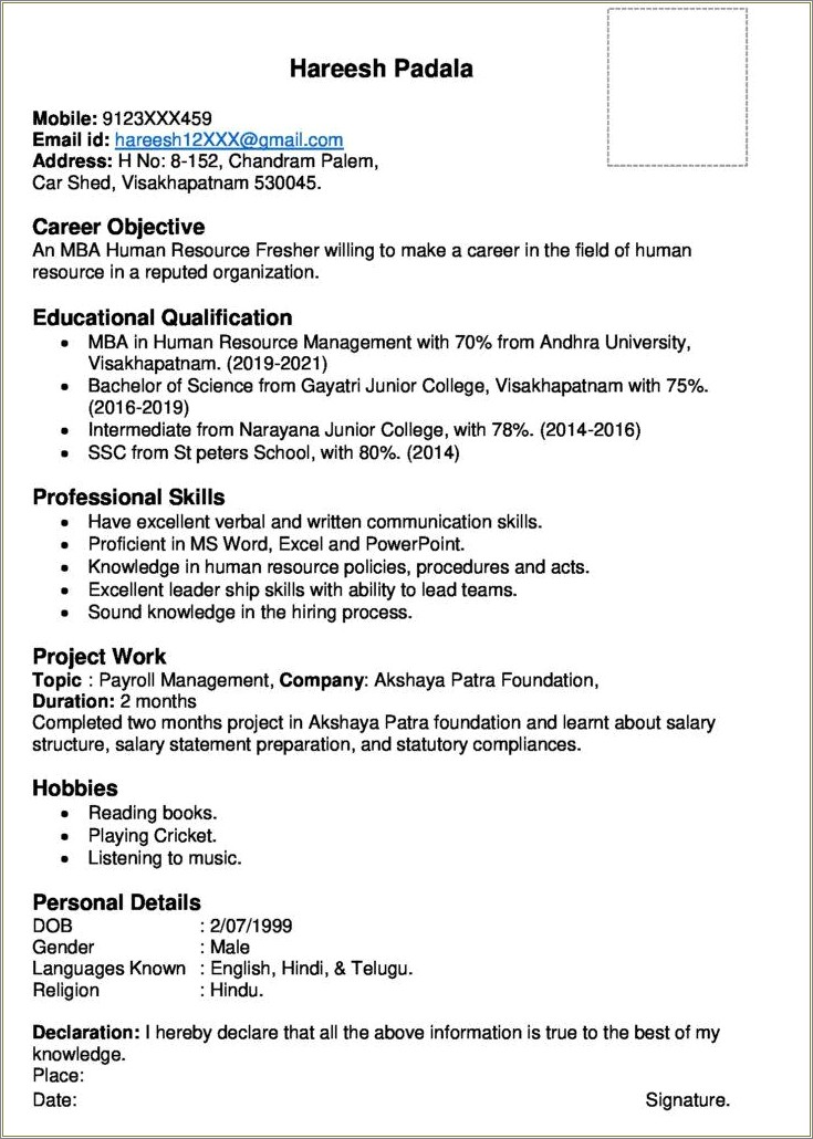 Mba Finance Fresher Resume Format Free Download