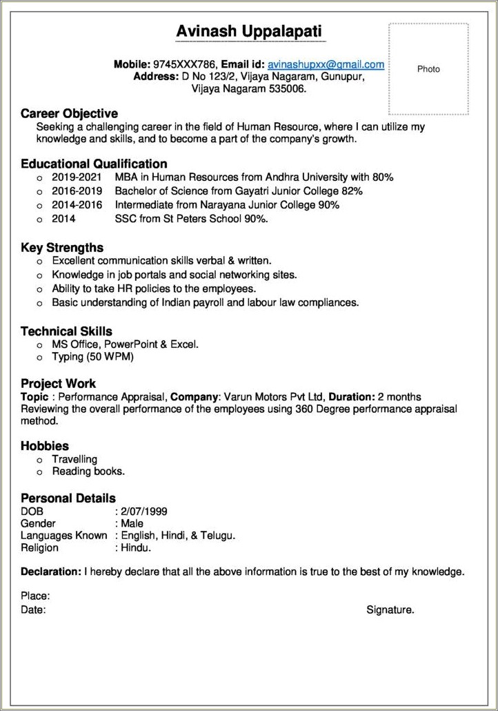 Mba Fresher Resume In Word Format