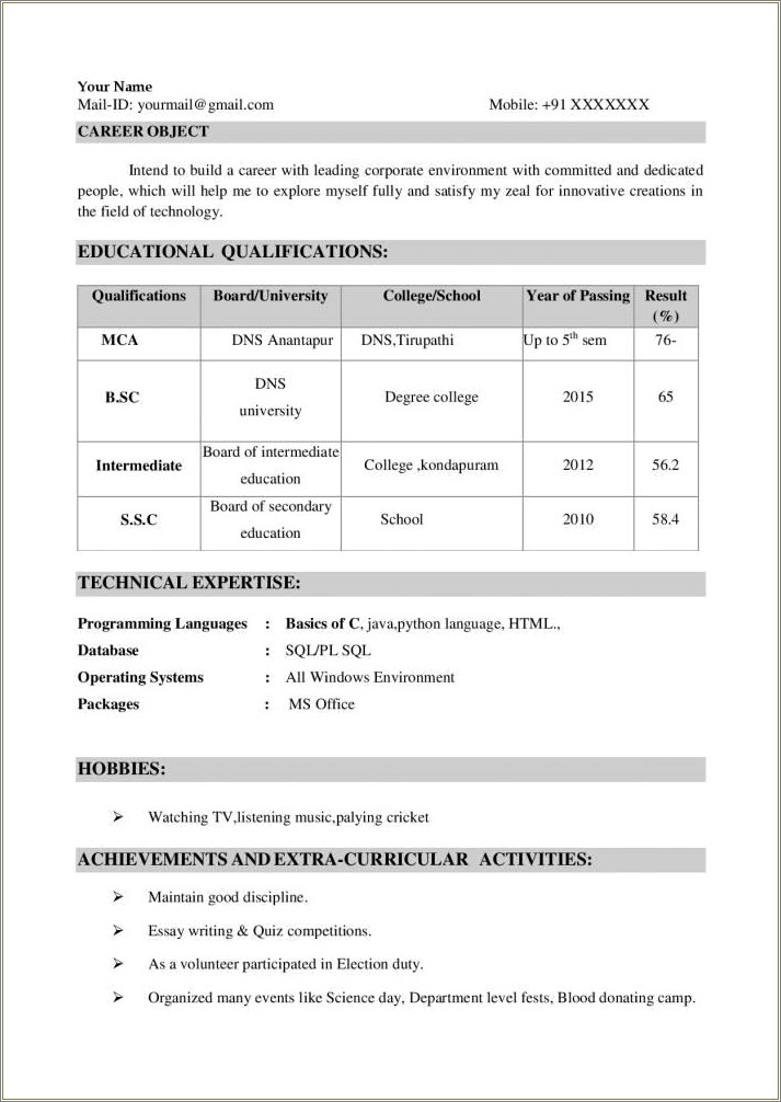 Mca Fresher Resume Format In Word Download