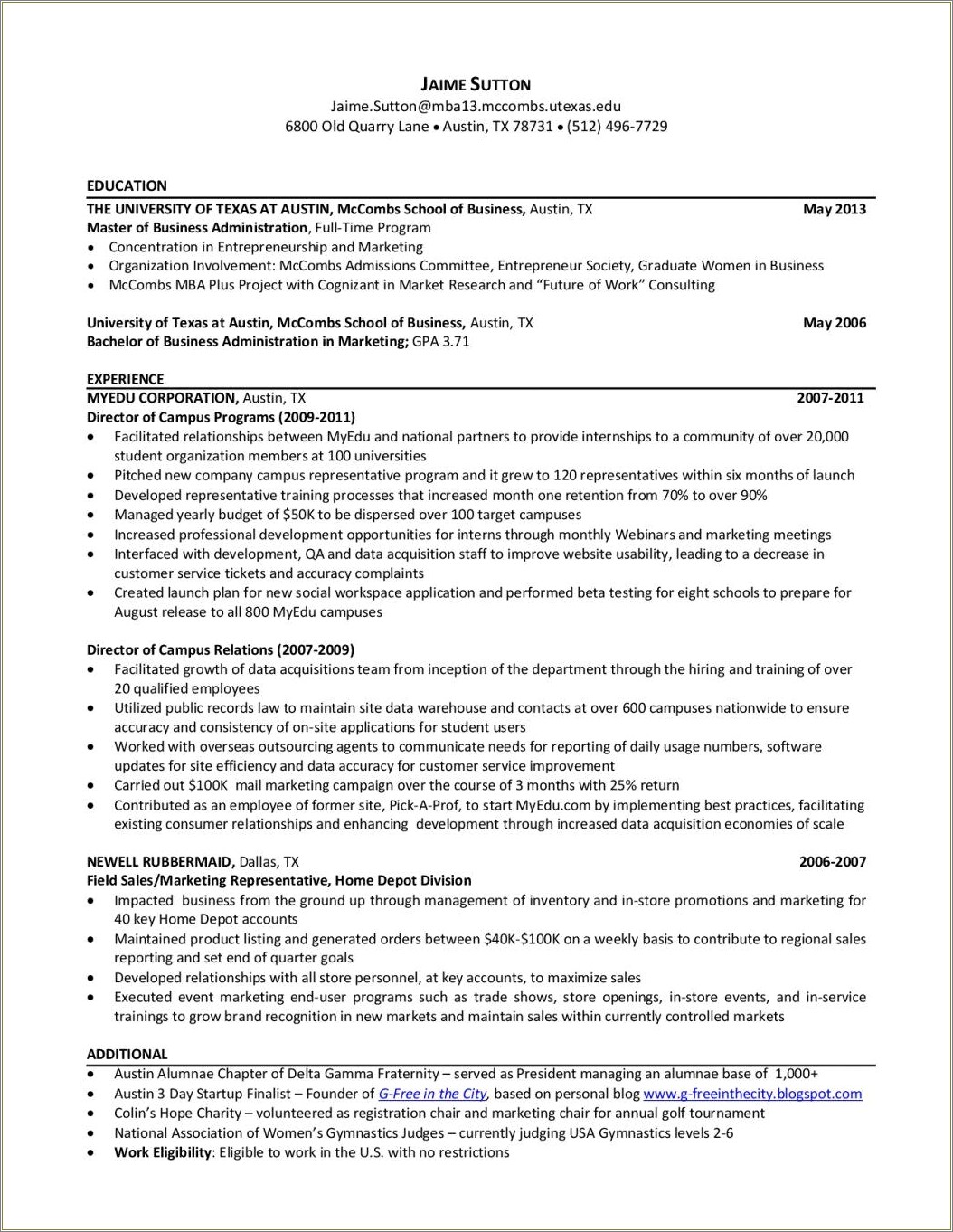 Mccombs School Of Business Resume Format
