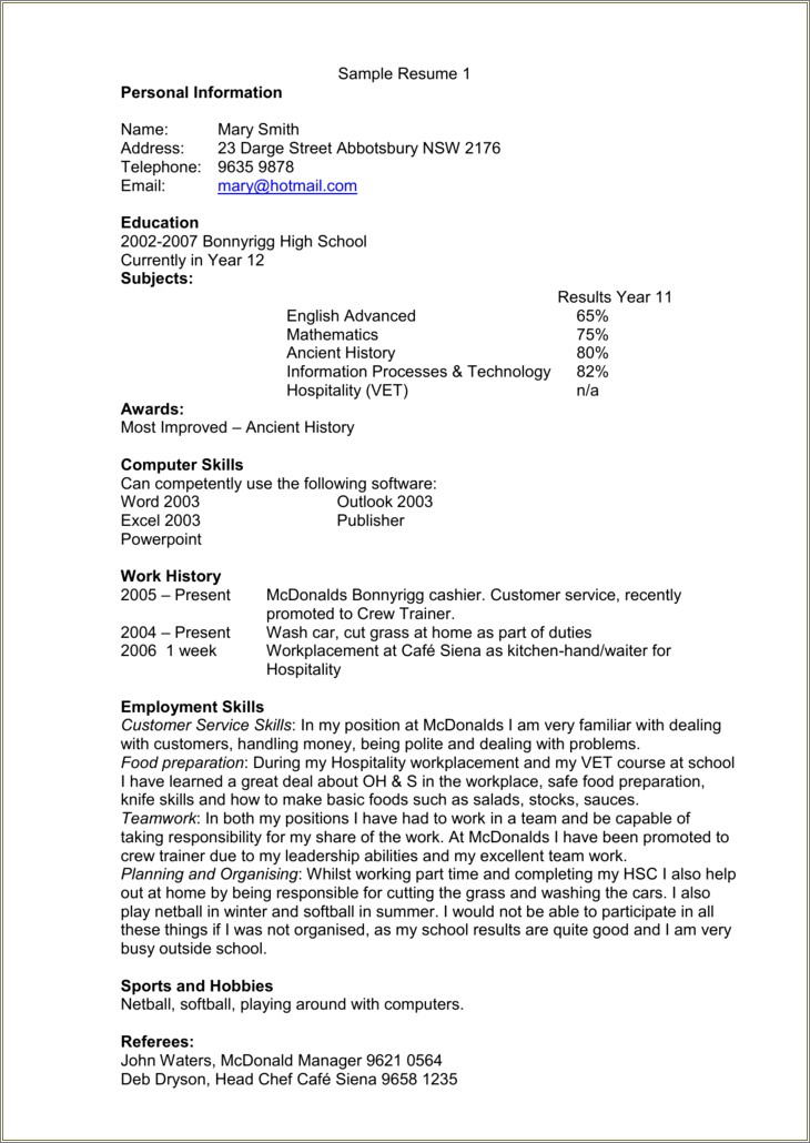Mcdonalds Cashier Job Description For Resume