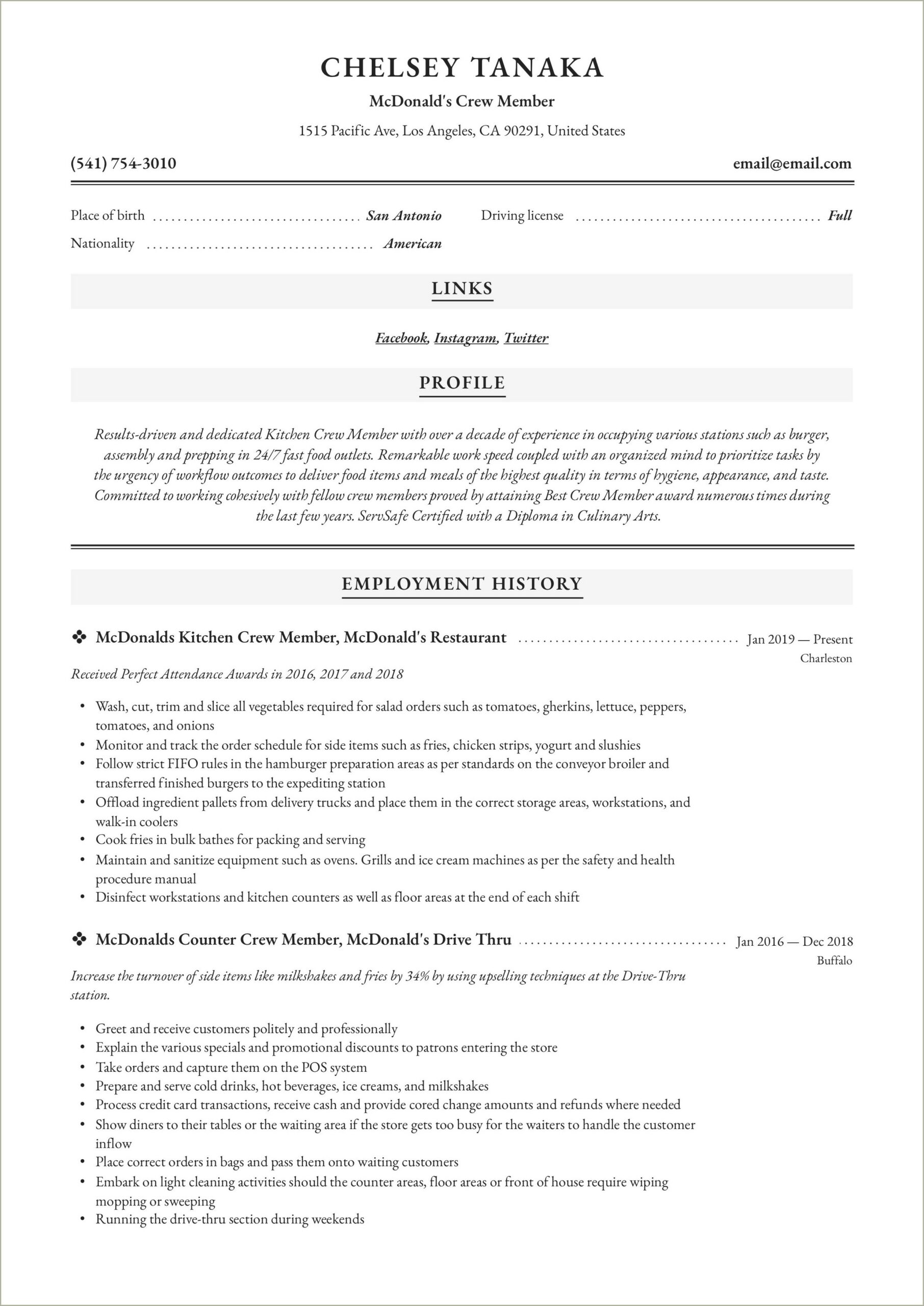 Mcdonalds Cook Job Description For Resume
