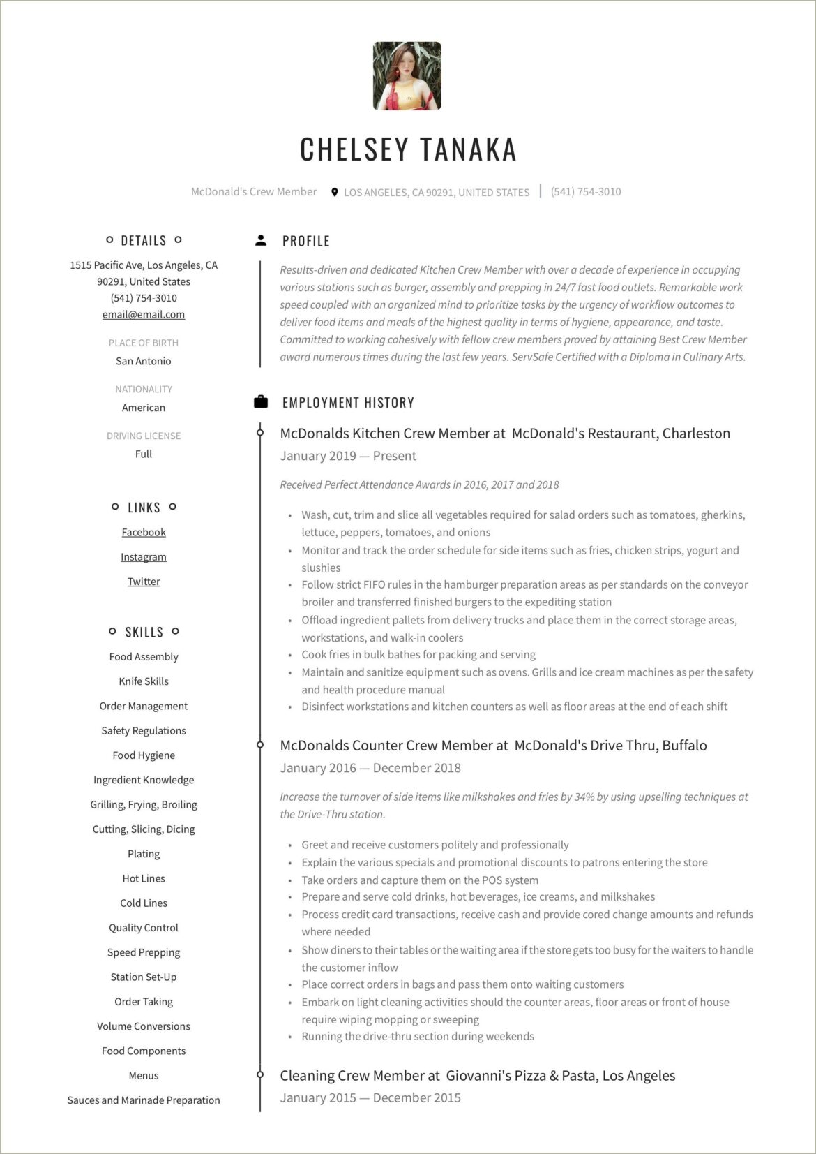 Mcdonalds Crew Job Description Resume Sample