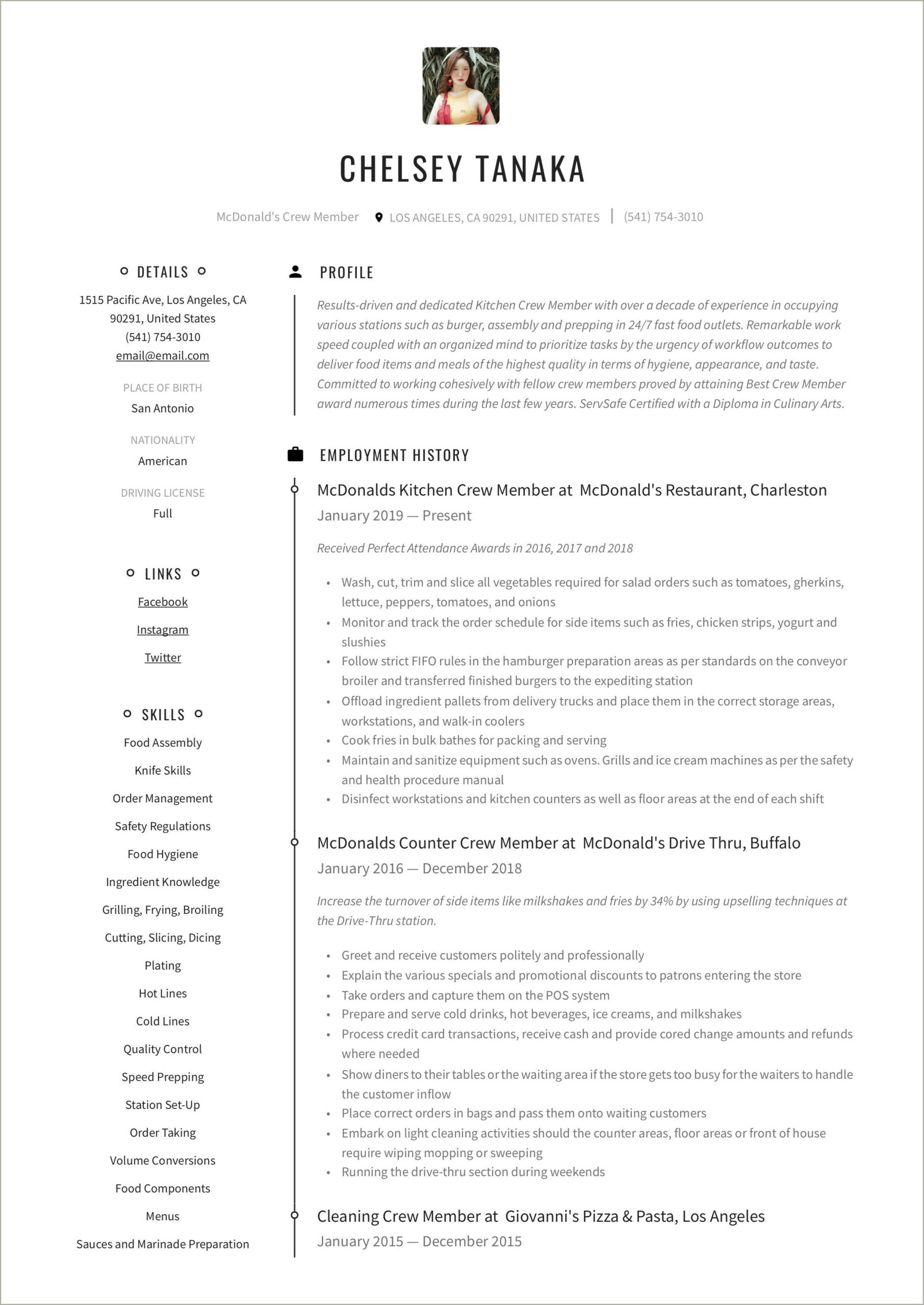 Mcdonalds Crew Job Description Resume Sample