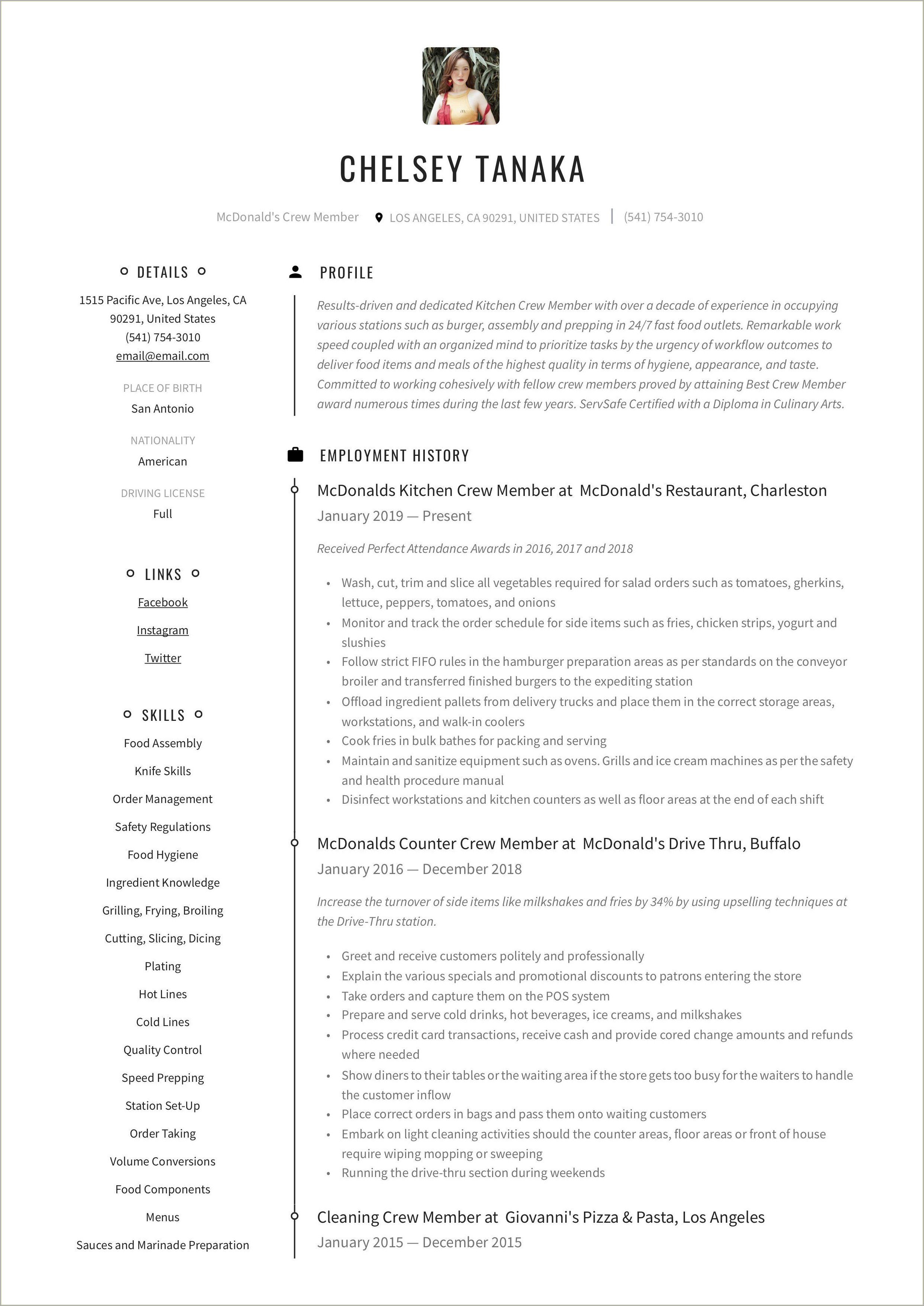 Mcdonalds Crew Job Description Resume Sample