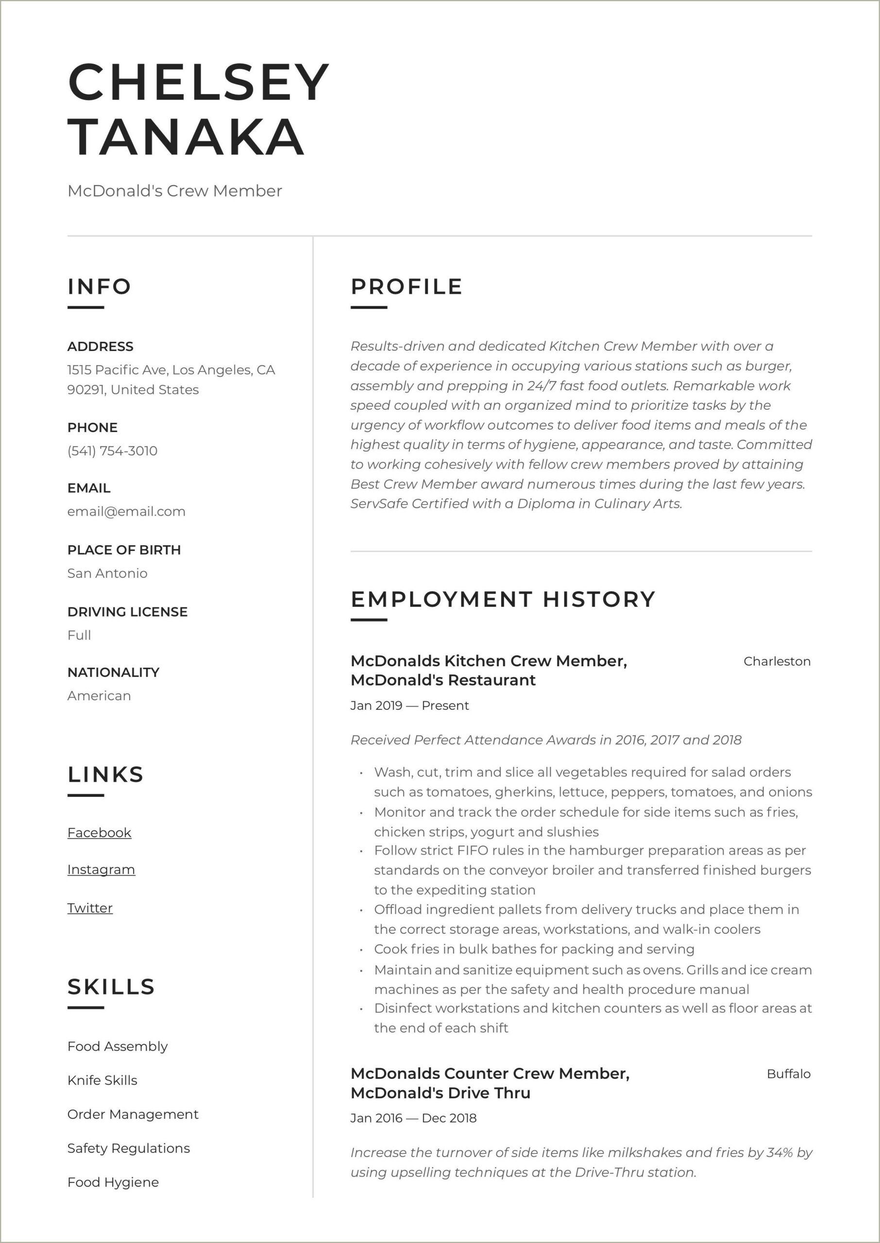 Mcdonalds Crew Member Job Description For Resume