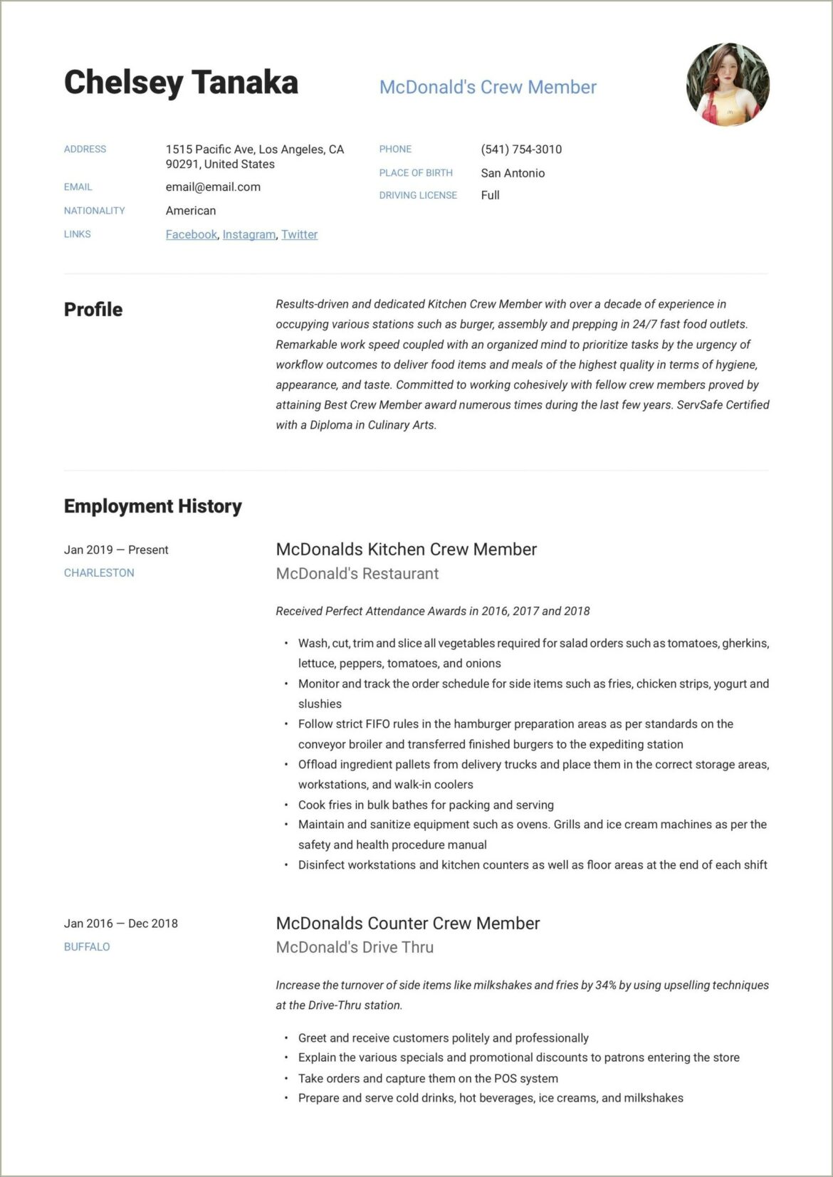 Mcdonalds Crew Trainer Job Description Resume