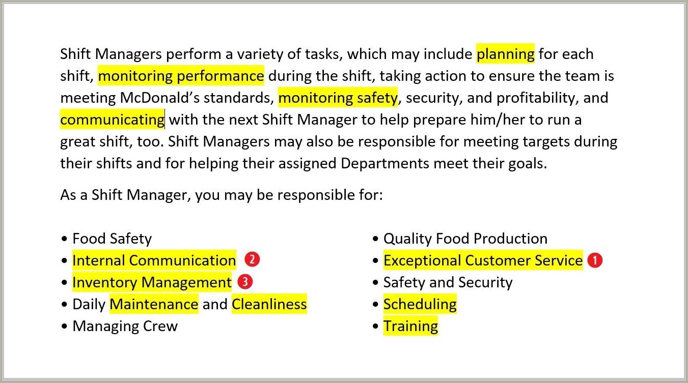 Mcdonald's Manager Job Description For Resume