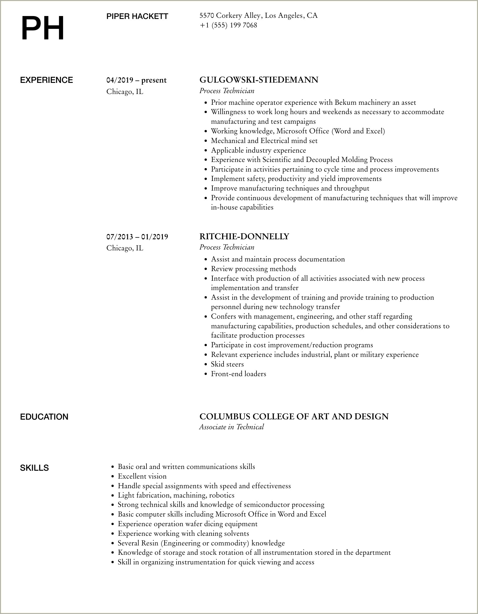 Mcvd Fiber Process Technician Salary Resume Samples