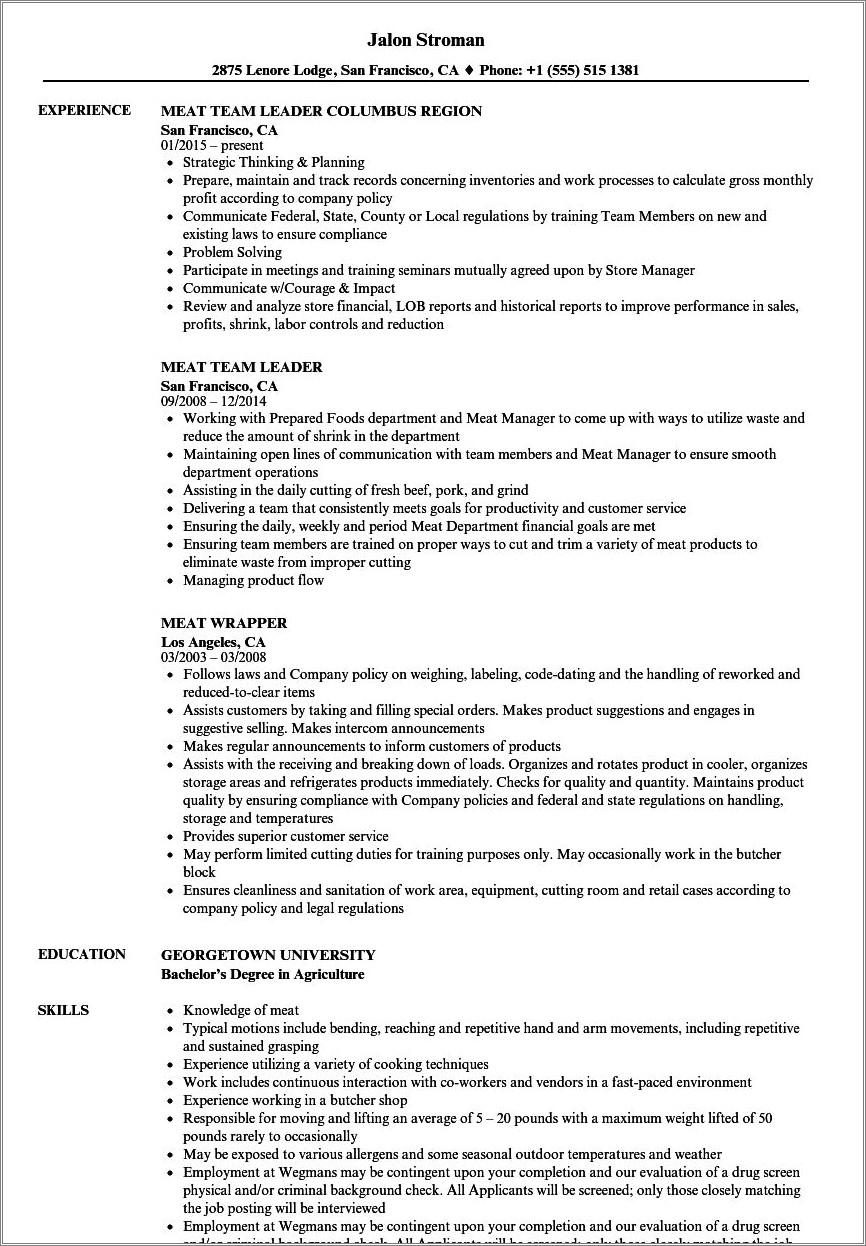 Meat Department Job Description For Resume
