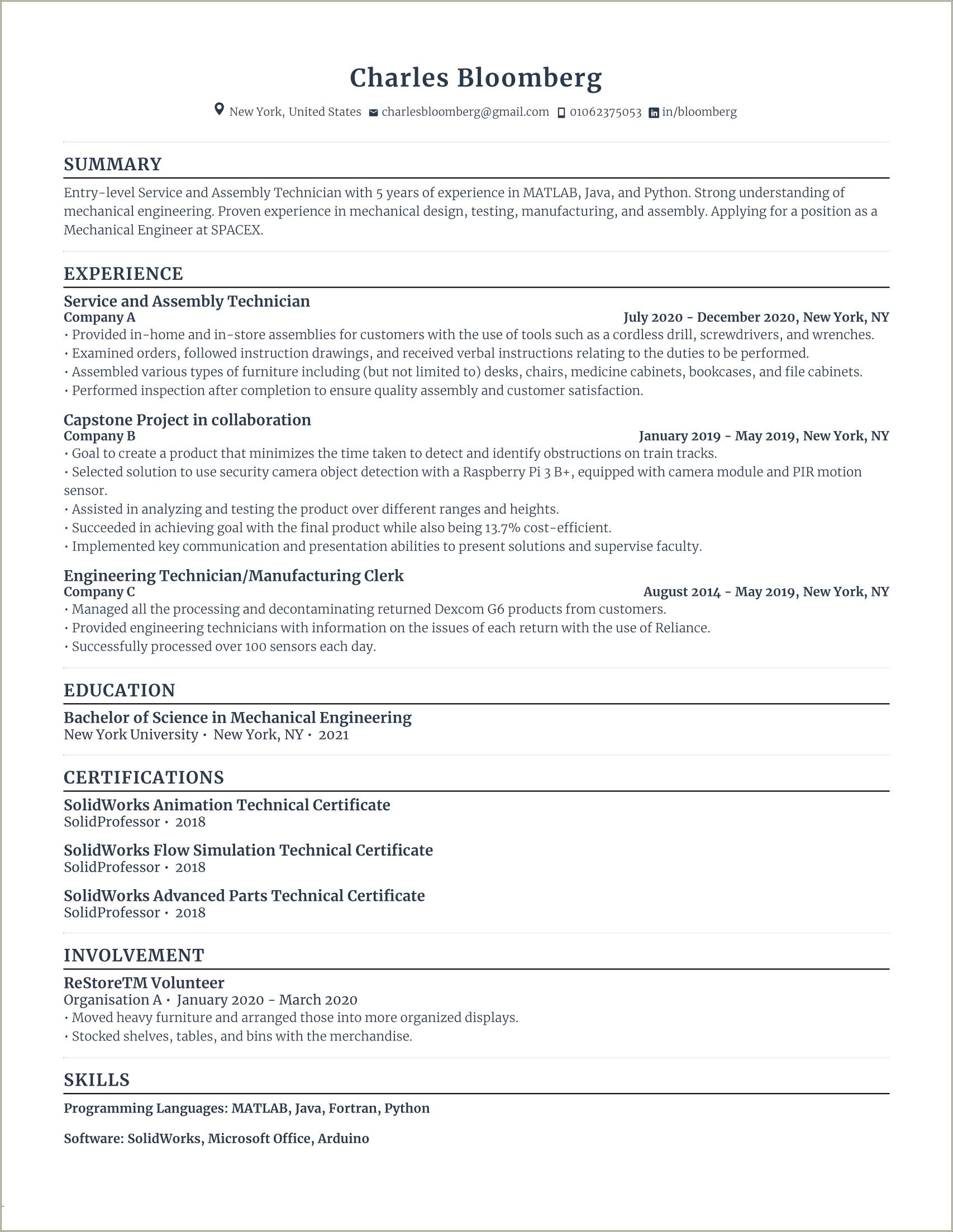 Mechanical Assembly Experience For A Resume