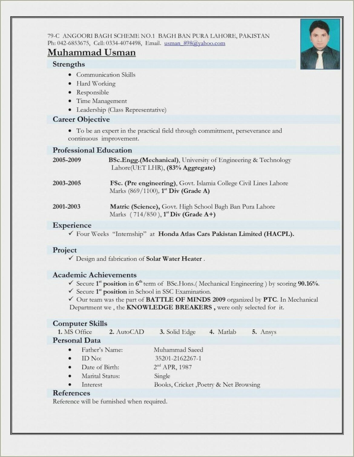 Mechanical Engineer Fresher Resume Word Format Download