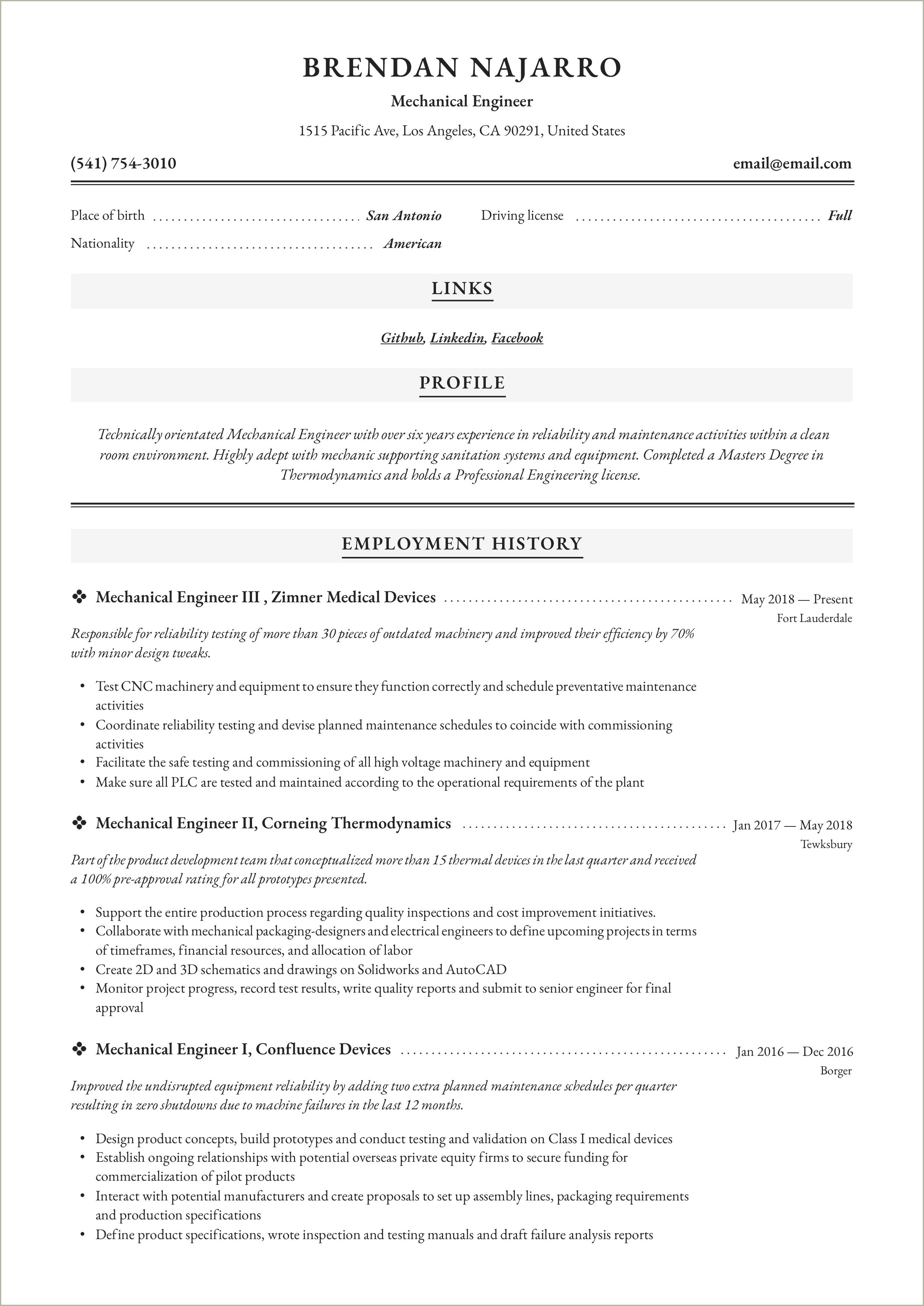 Mechanical Engineer Workshop Experience Resume Example