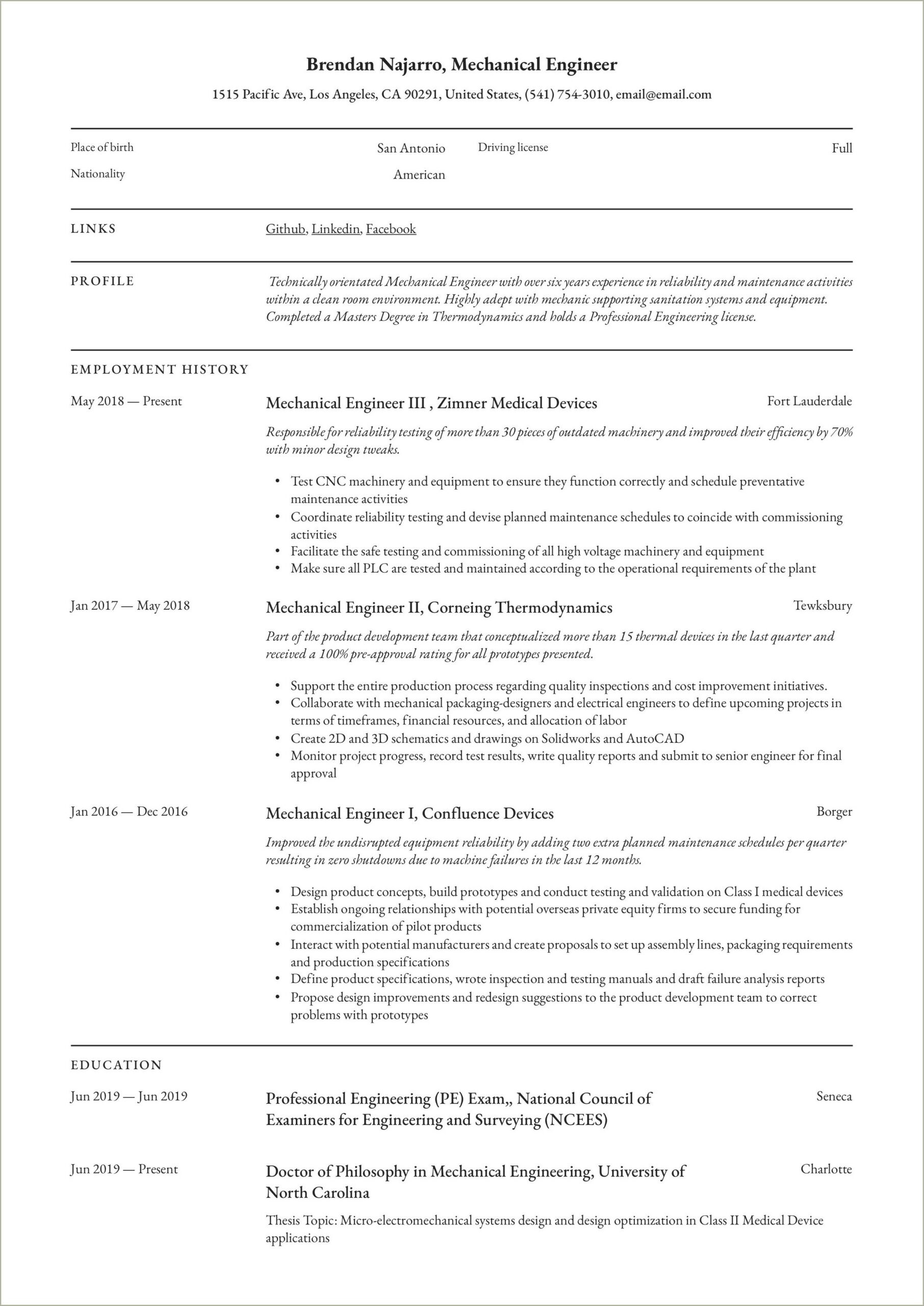 Mechanical Engineering Internship Resume No Experience