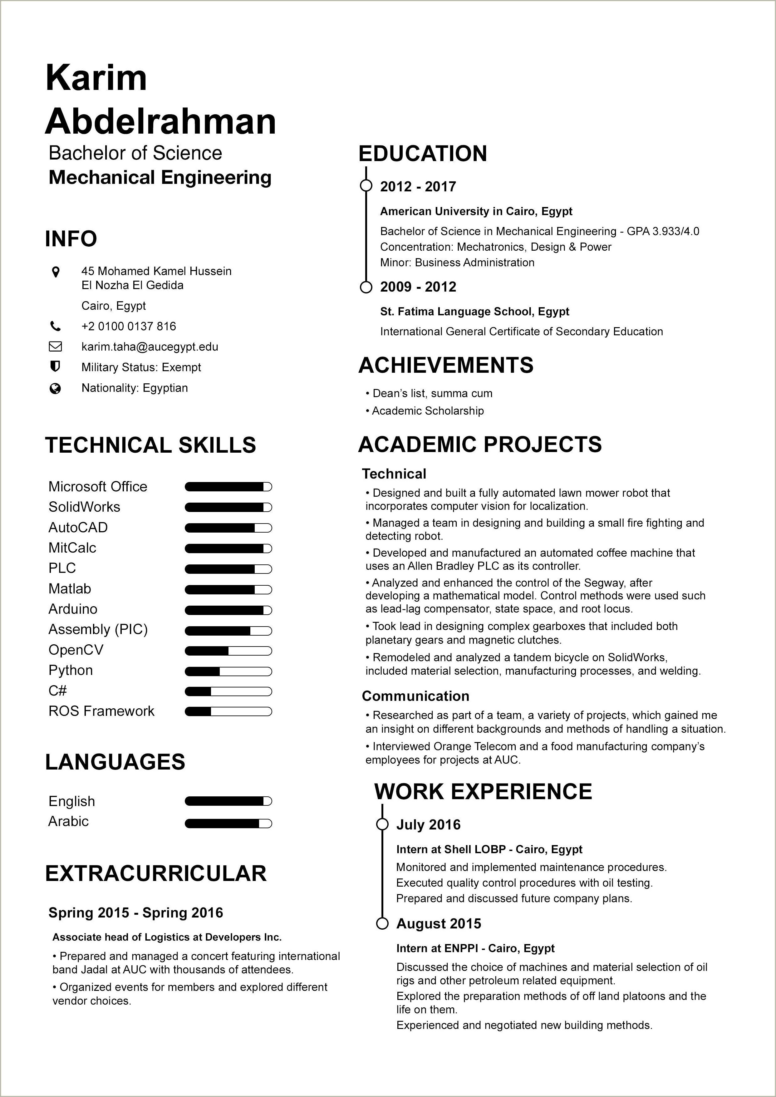 Mechanical Engineering Recent Graduate Resume Sample