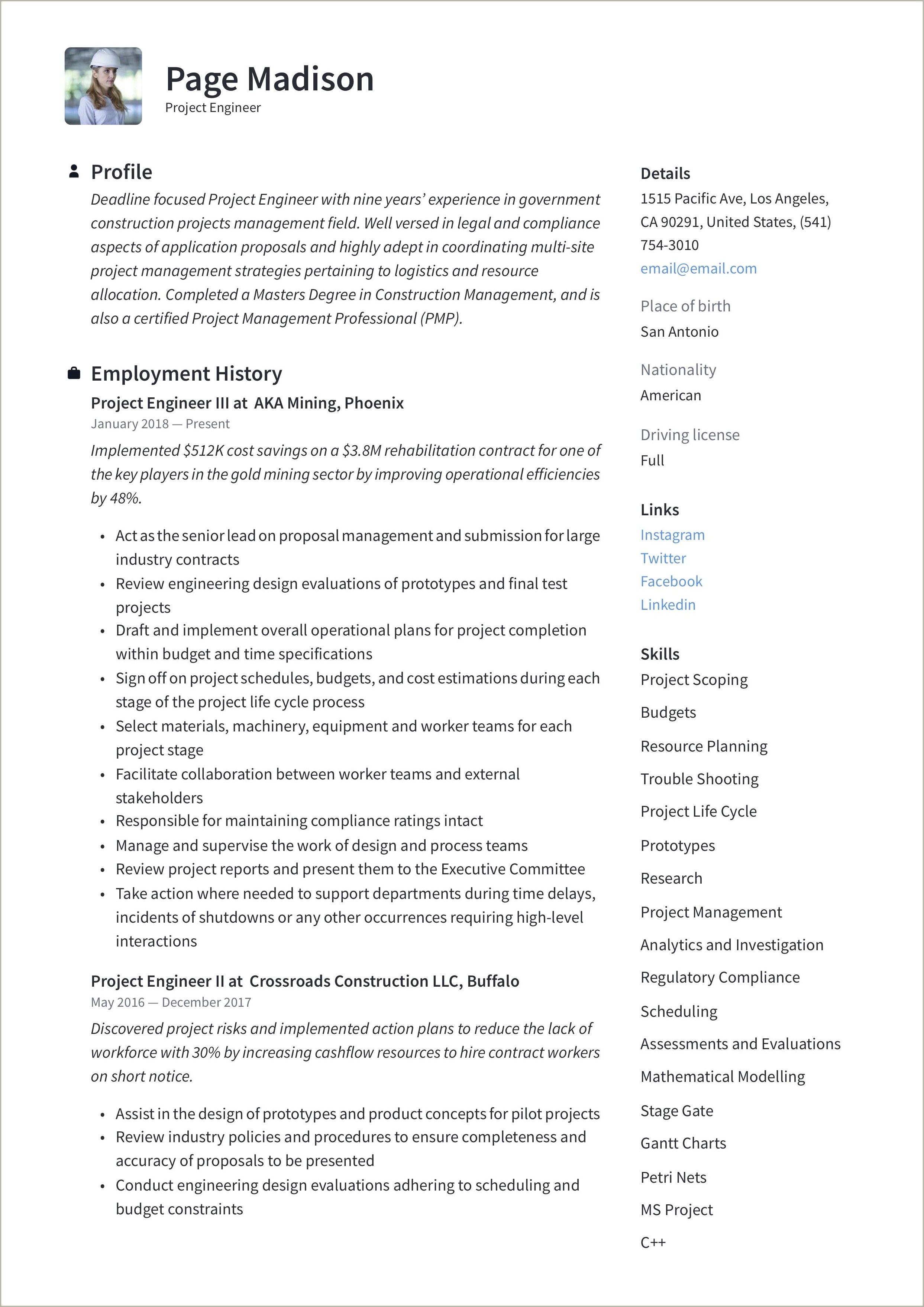 Mechanical Planning Engineer Resume Word Format