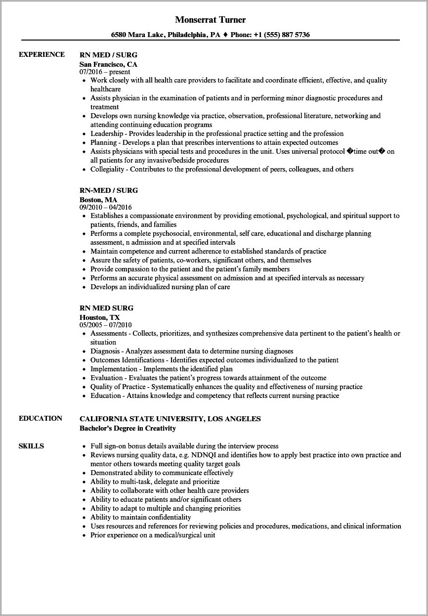 Med Surg Nurse Job Description Resume