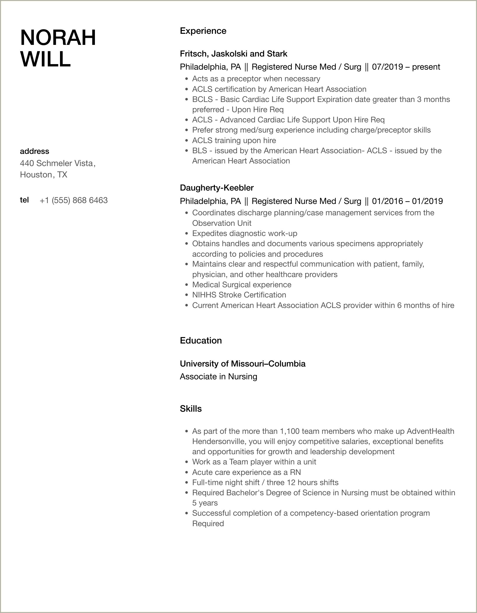 Med Surg Nursing Skills For Resume