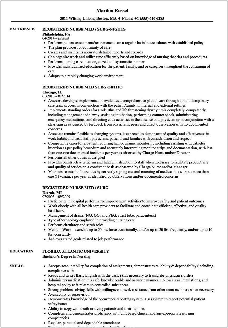 Med Surg Registered Nurse Resume Sample