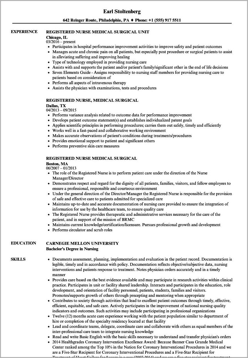 Med Surg Rn Job Description On Resume