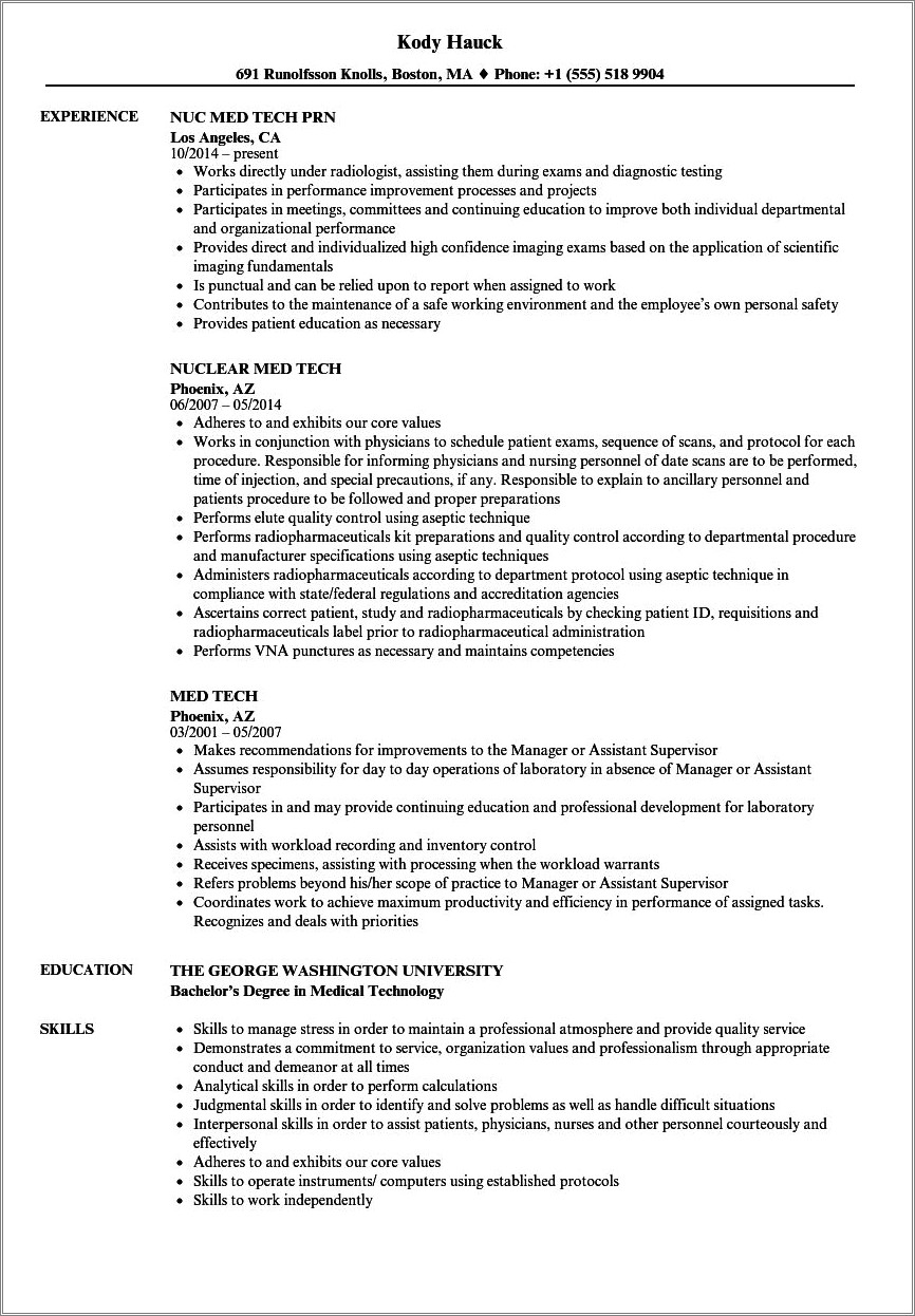 Med Tech Job Description For Resume