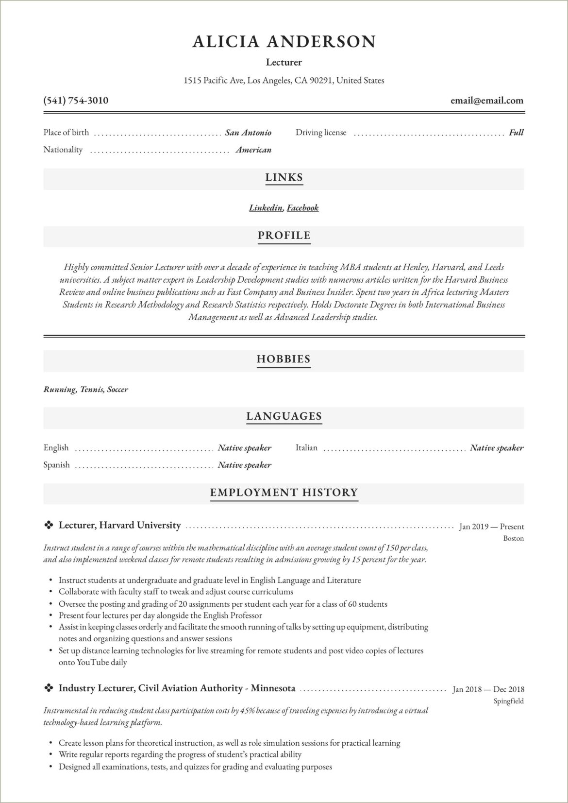 Media Arts College Instructor Resume Sample