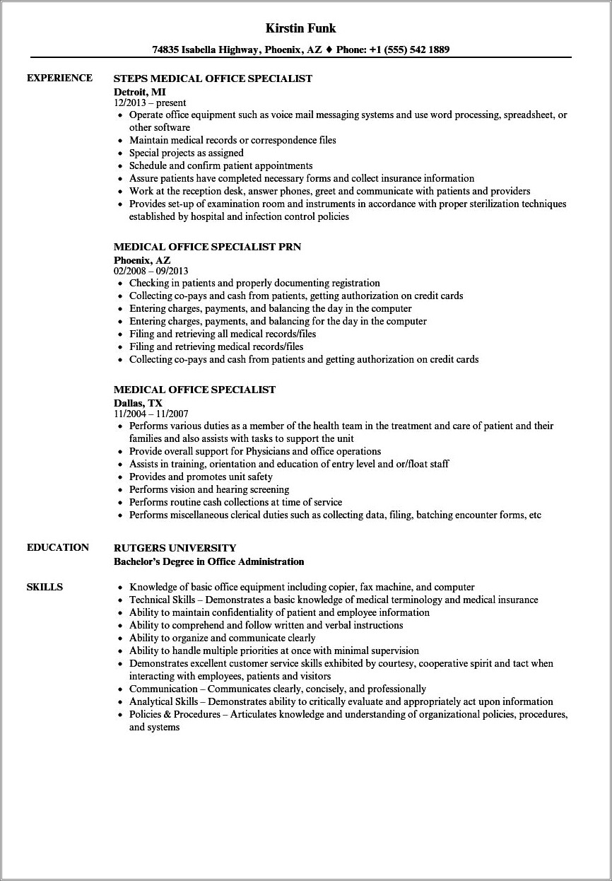 Medical Assistant Front Office Resume Samples