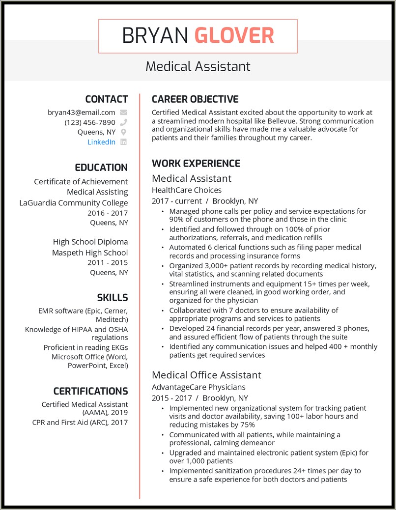Medical Assistant Objective Sample On Resume