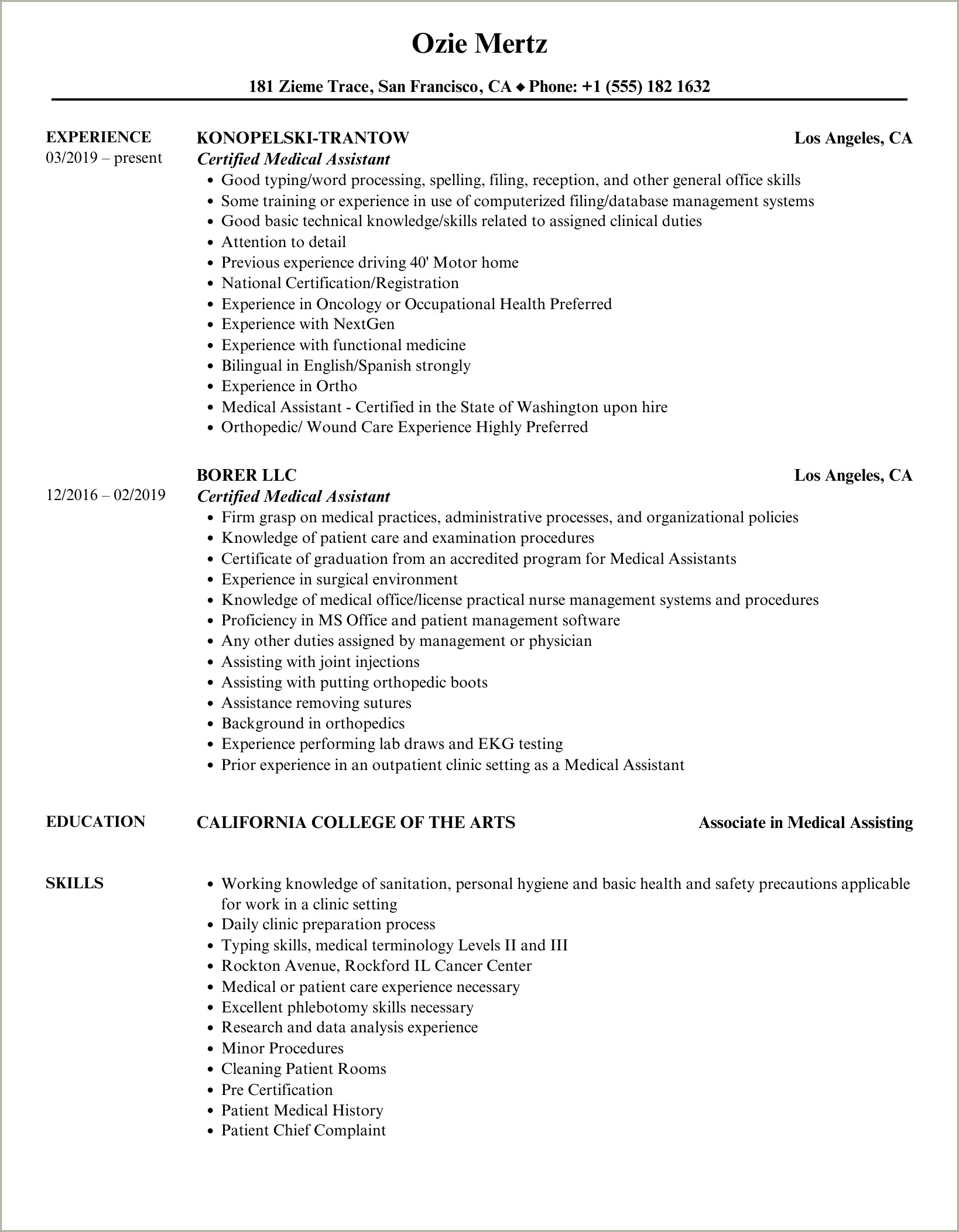 Medical Assistant Resume 2019 Template Free