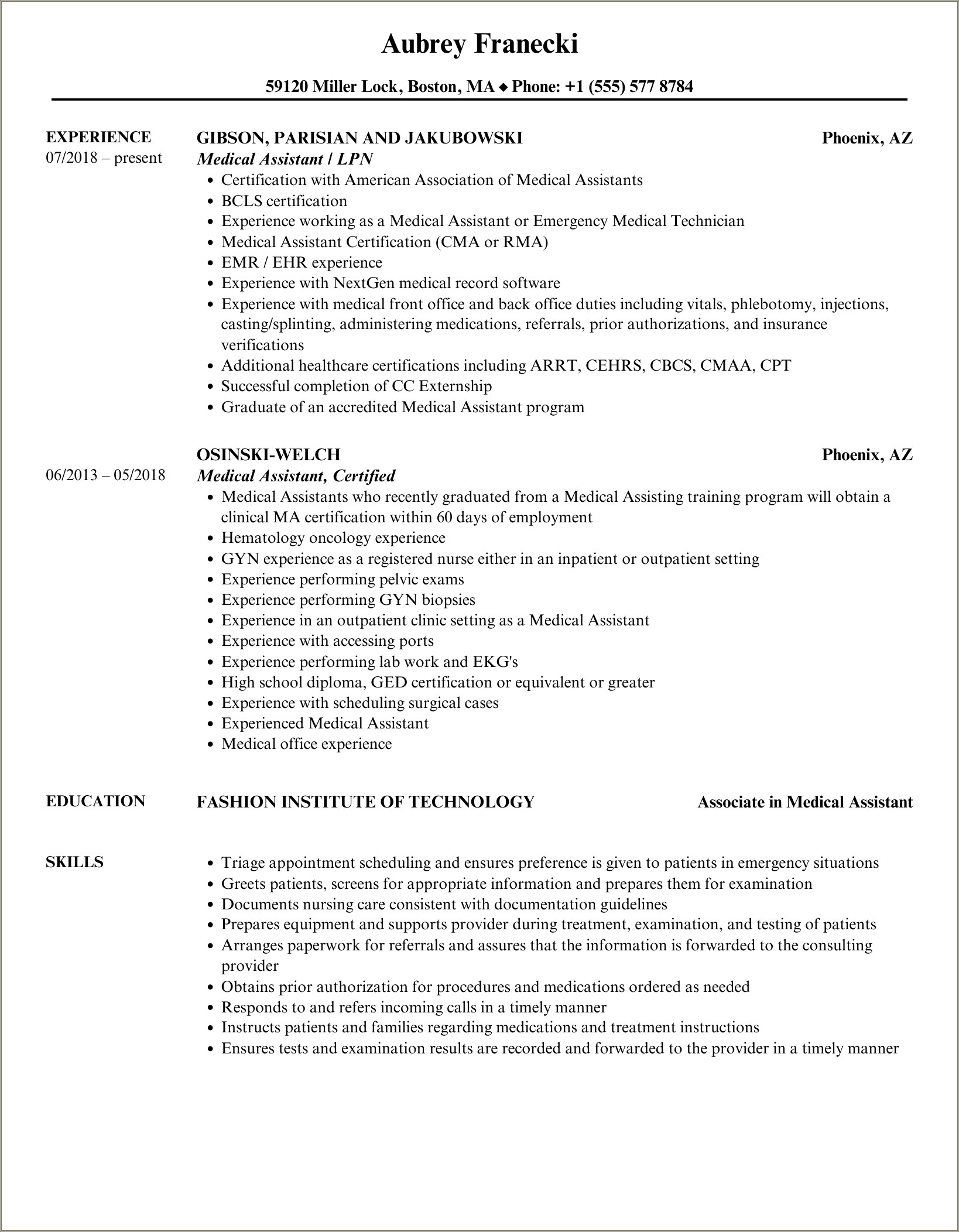 Medical Assistant Sample Resume For Drug Screaning