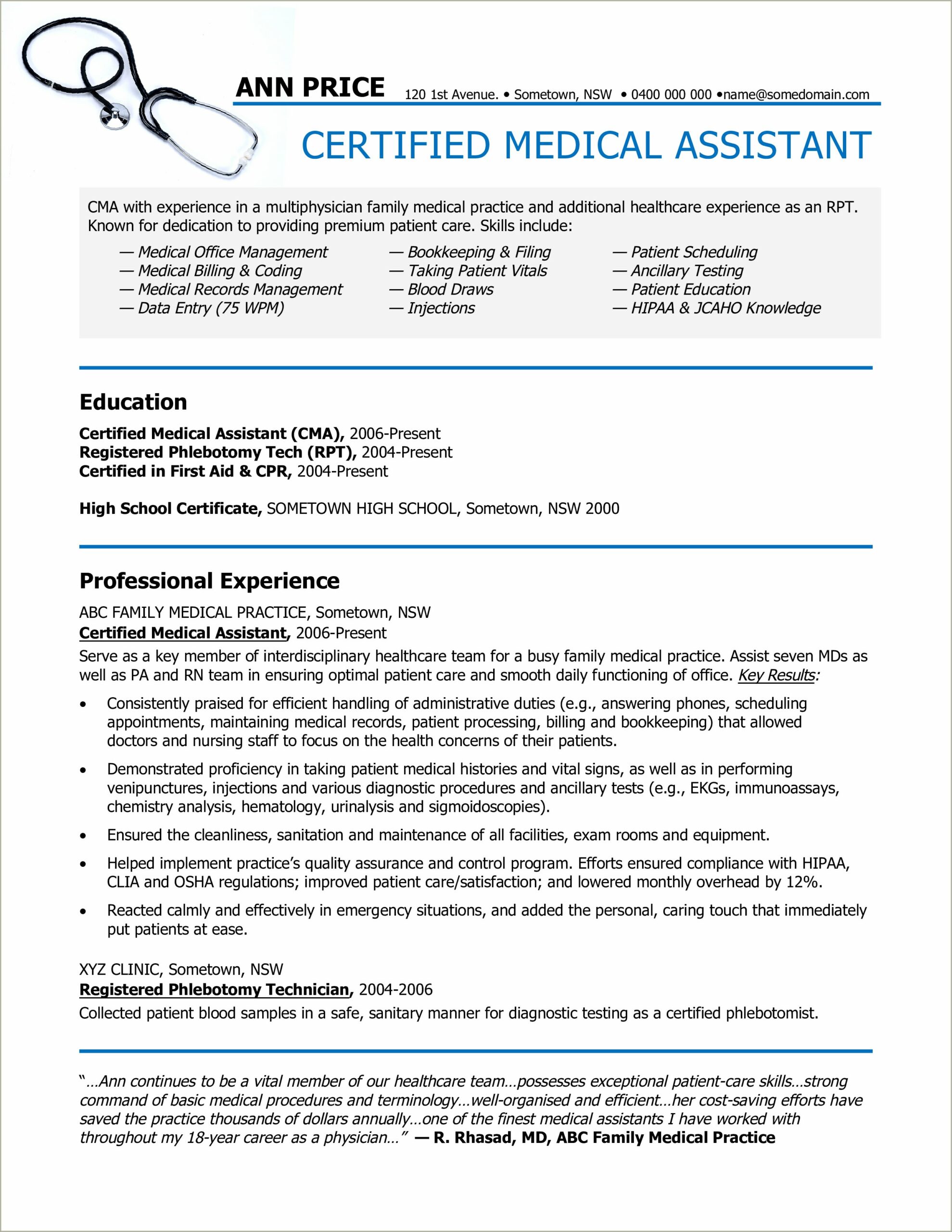 Medical Assistant Sample Resumes No Experience