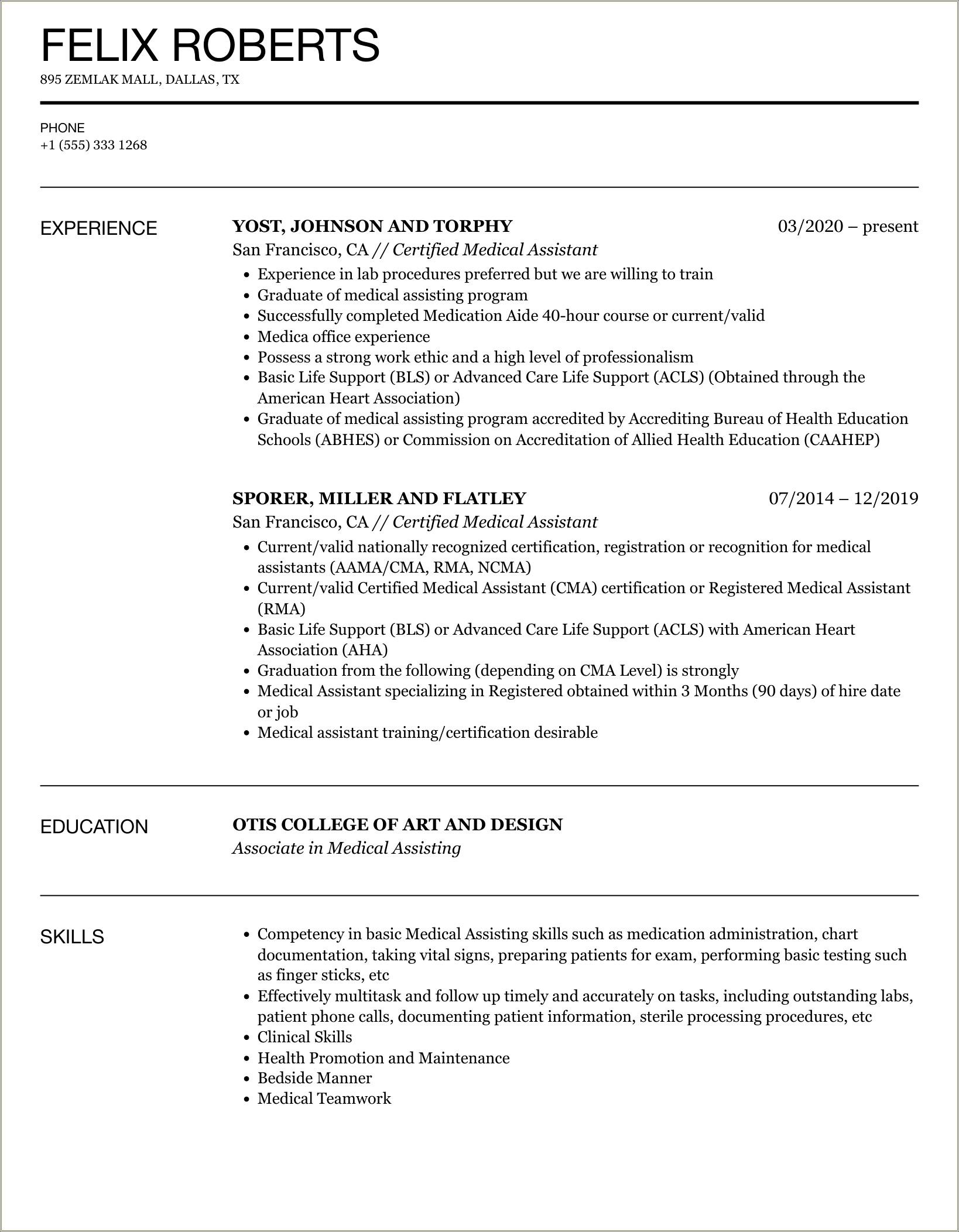 Medical Assistant School Description For Resume