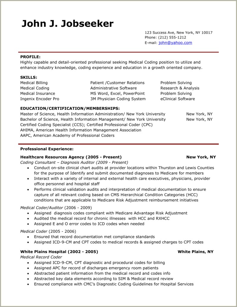 Medical Billing And Coding Resumes With Objectives