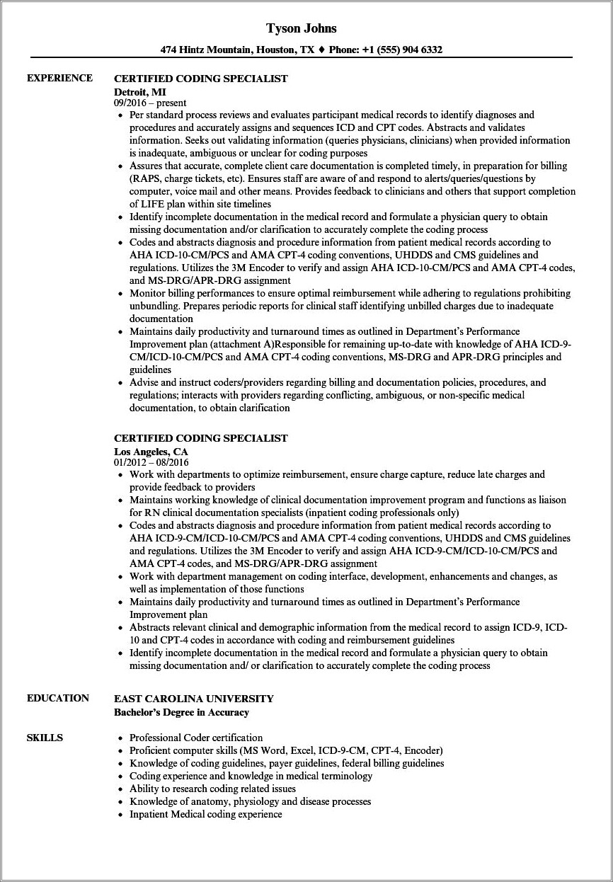 Medical Billing Specialist Job Description Resume