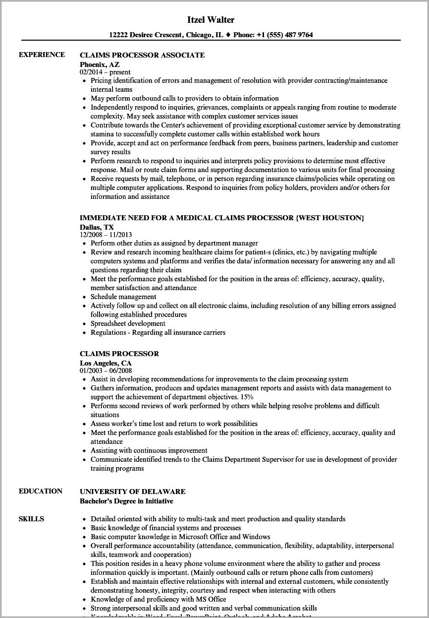 Medical Claim Specialist Job Description Resume