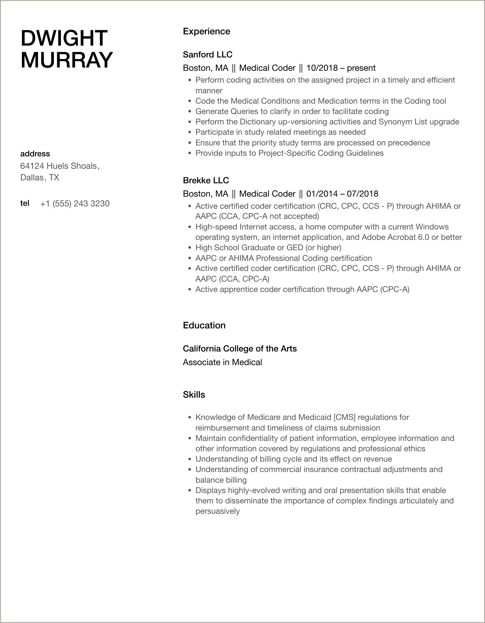 Medical Coder Resume With No Experience