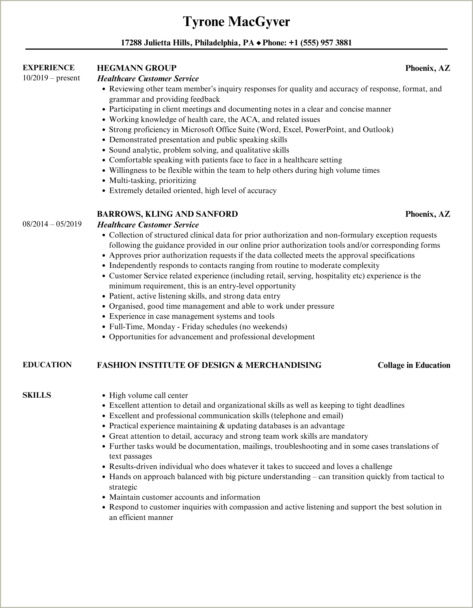 Medical Customer Service Job Description For Resume