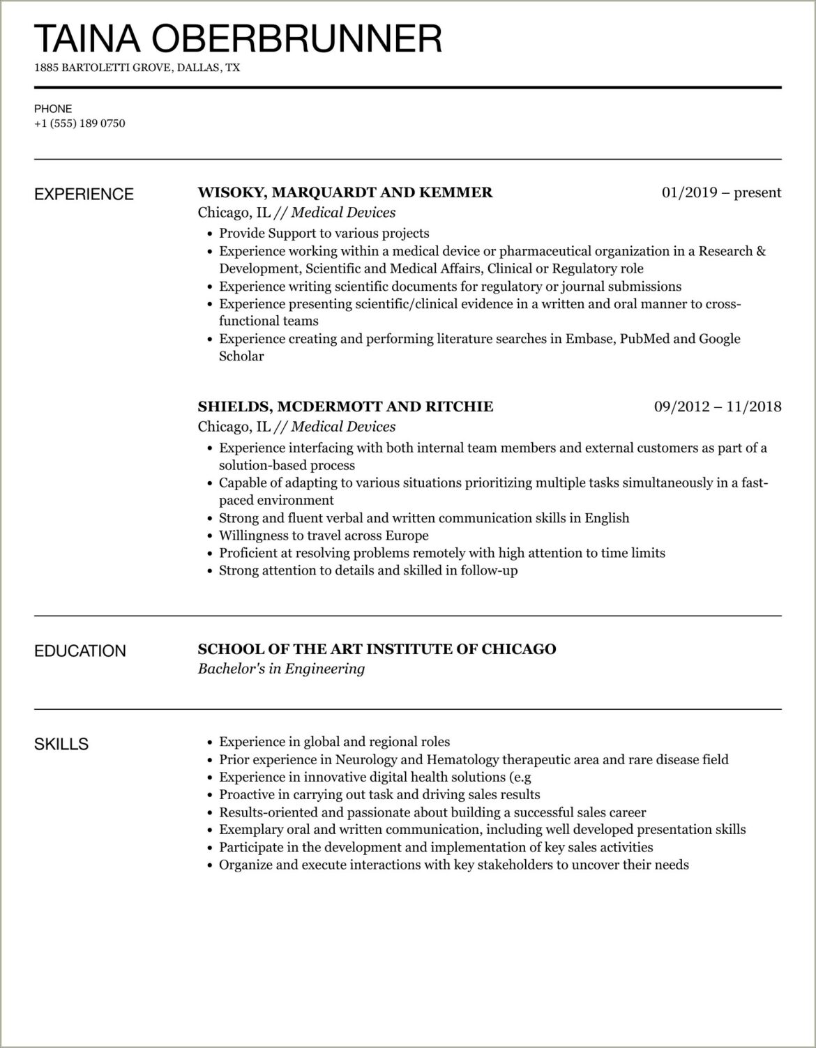 Medical Device Clinical Specialist Resume Example