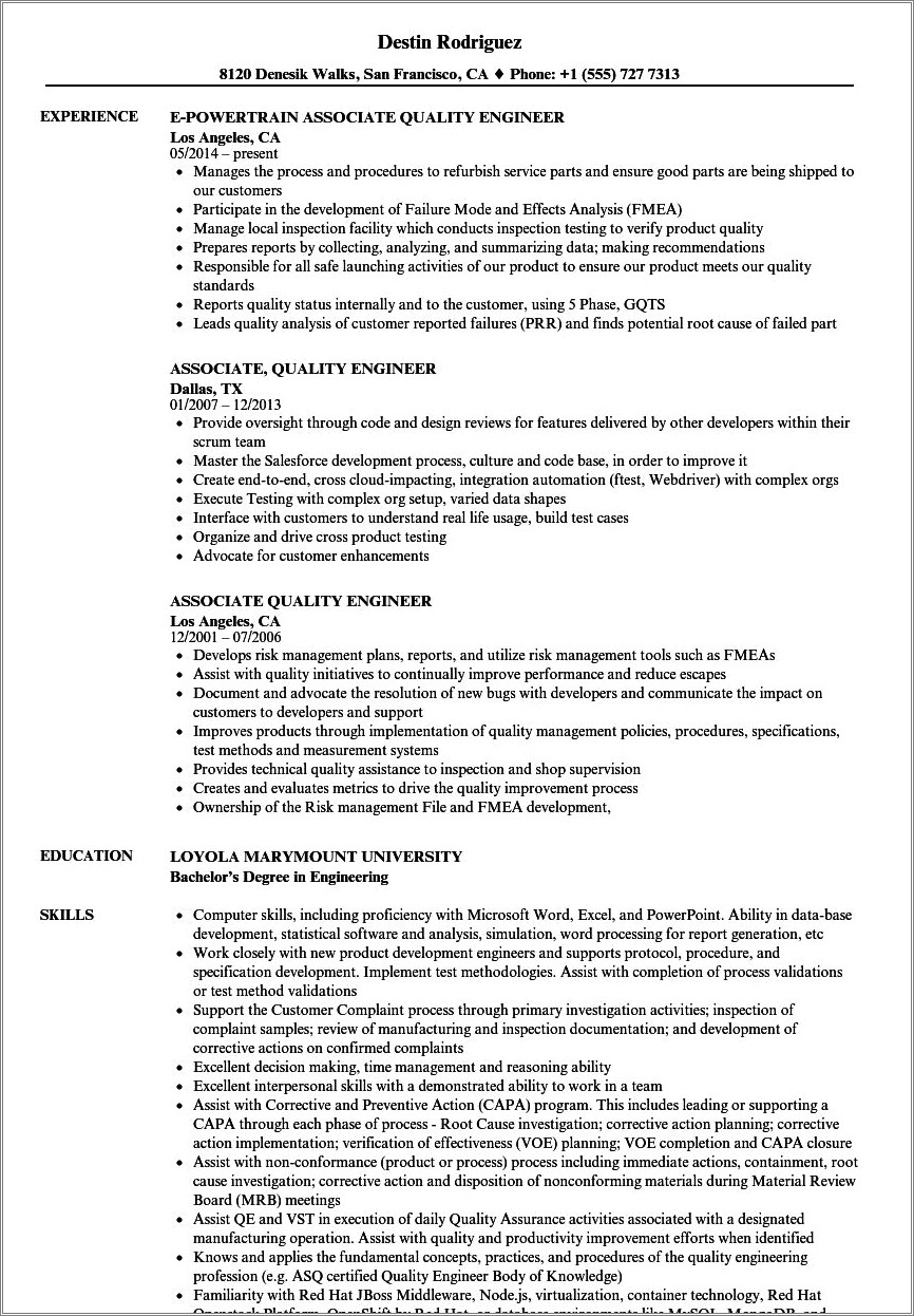 Medical Device Quality Engineer Sample Resume