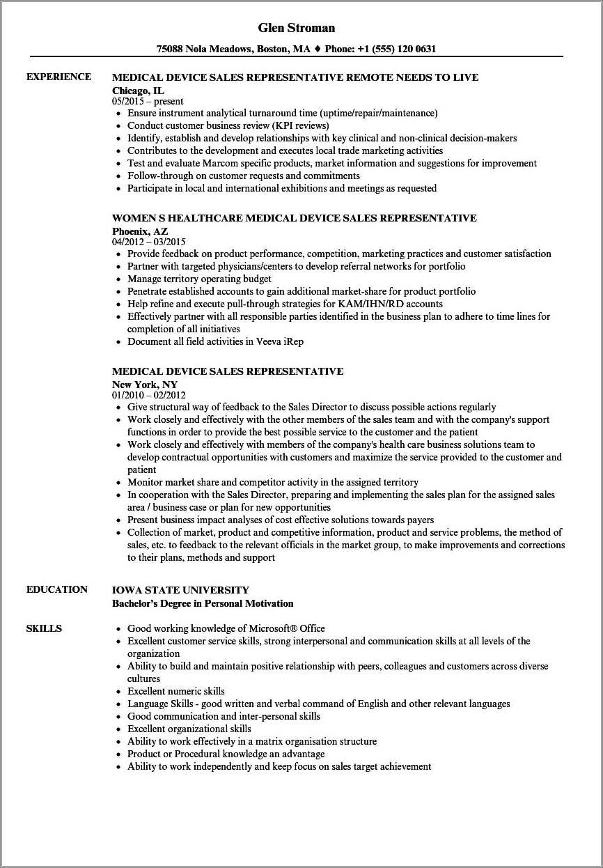 Medical Device Sales Resume No Experience
