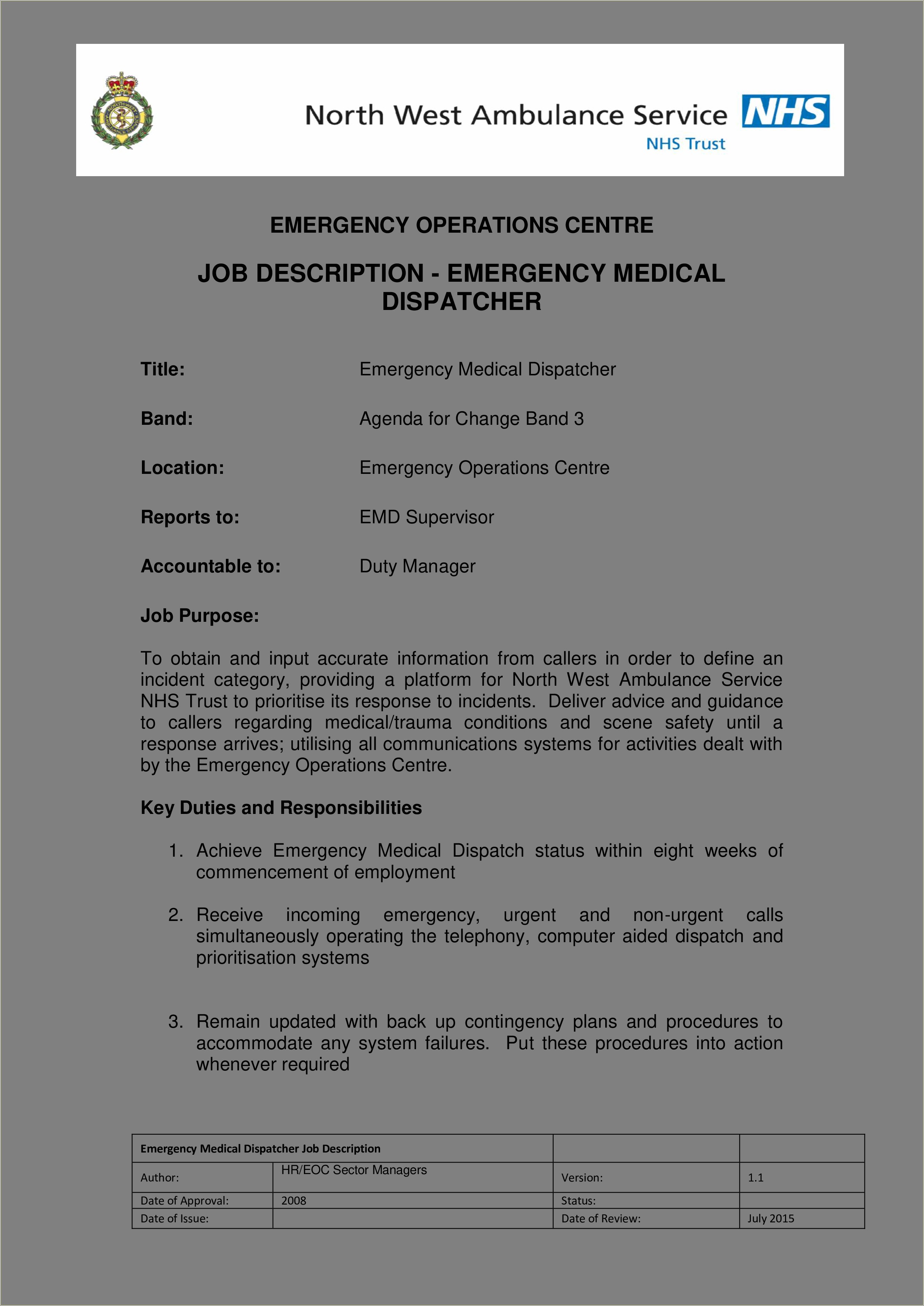 Medical Dispatcher Job Description For Resume
